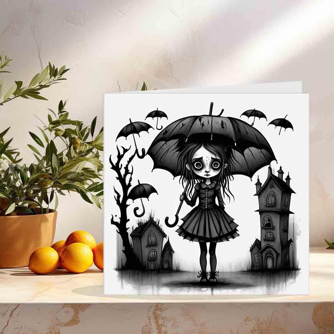 Gothic Girl With Umbrella Greeting Card Birthday Card 145 x 145mm