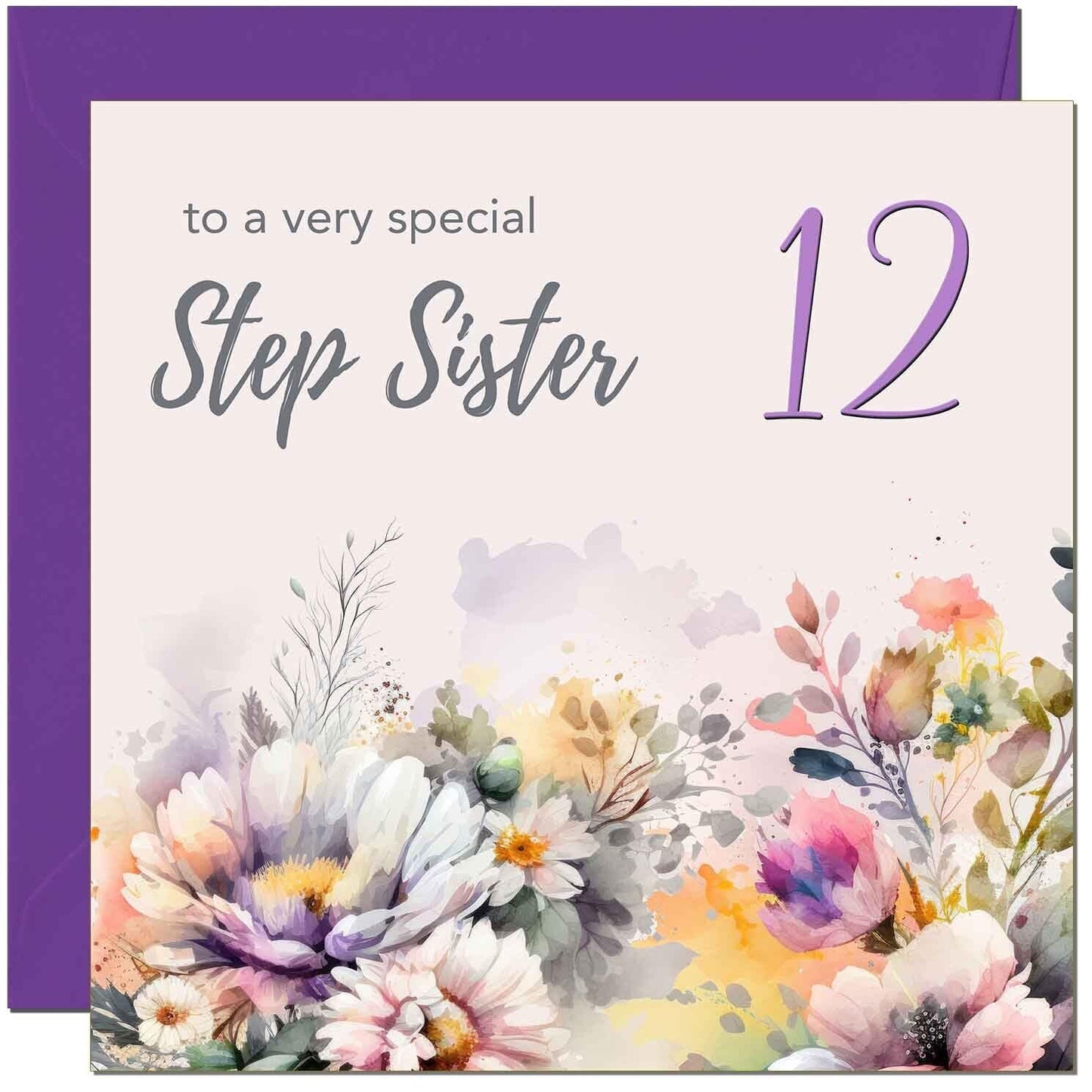 Step Sister Birthday Card - Purple Floral Step Sisters