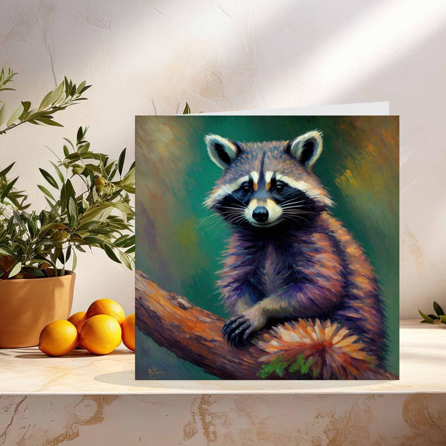 Raccoon Greeting Card Animal Impressionism Art 145mm x 145mm