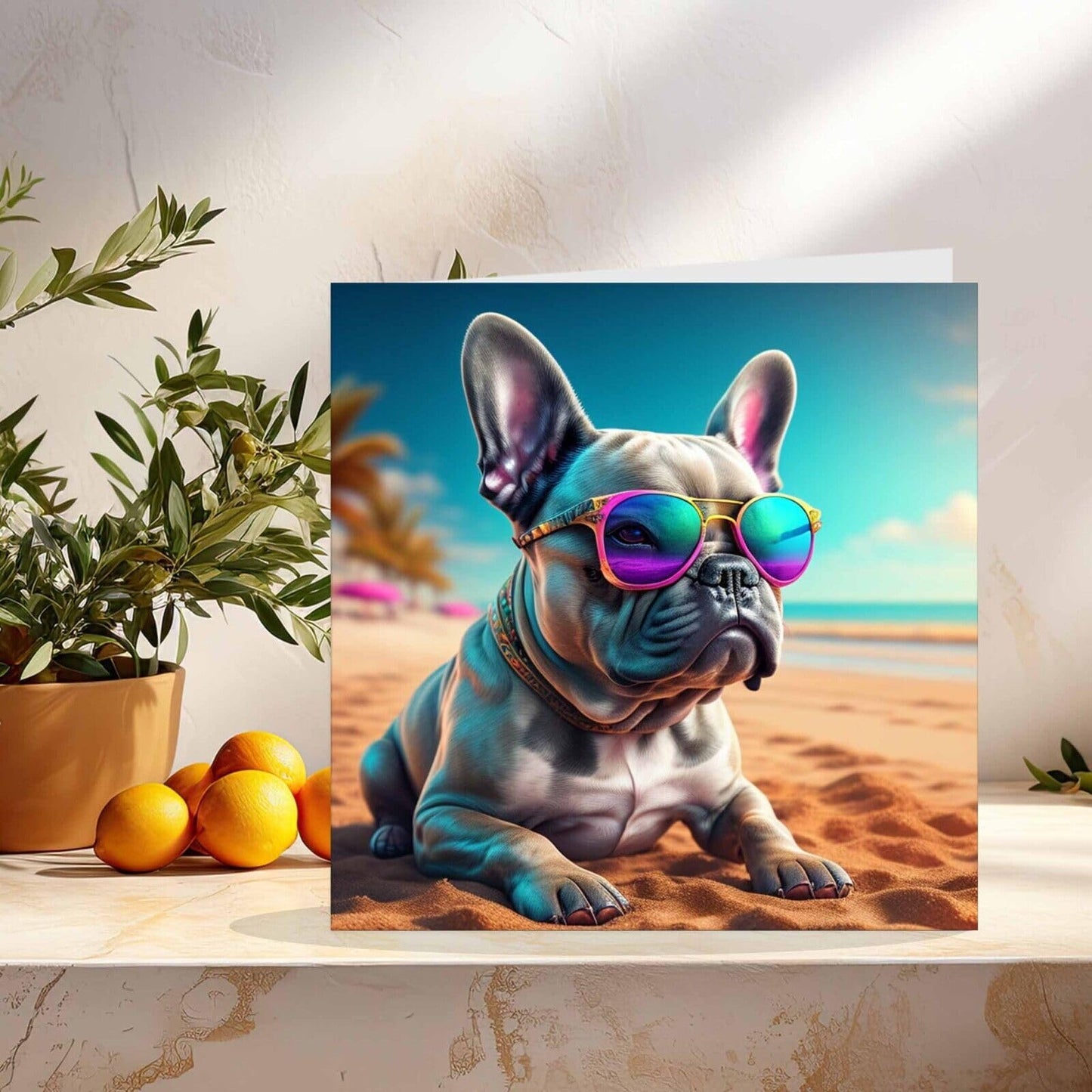 French Bulldog Greeting Card Cool French Bulldog Sunglasses Beach 145mm x 145mm