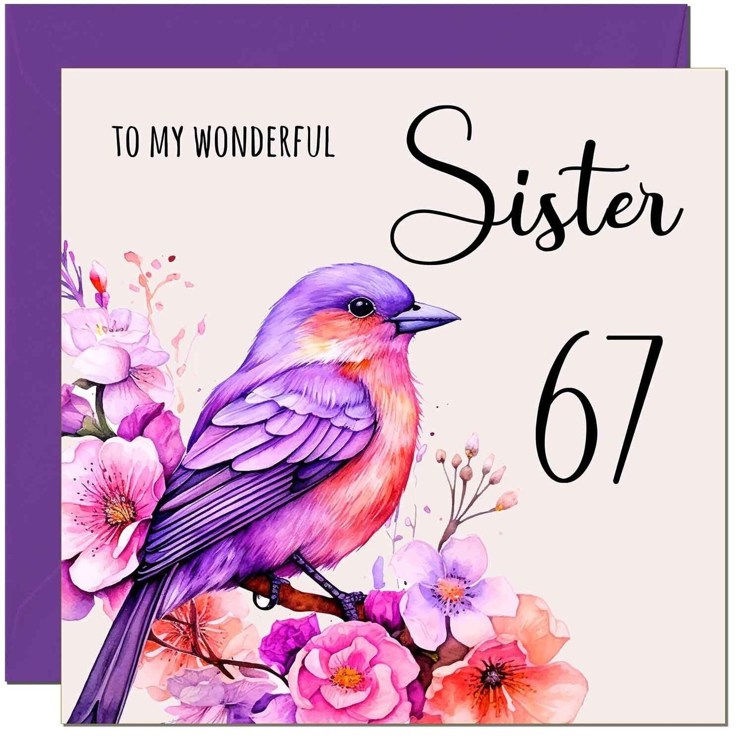 Sister Birthday Card - Purple Watercolour Bird Sister's