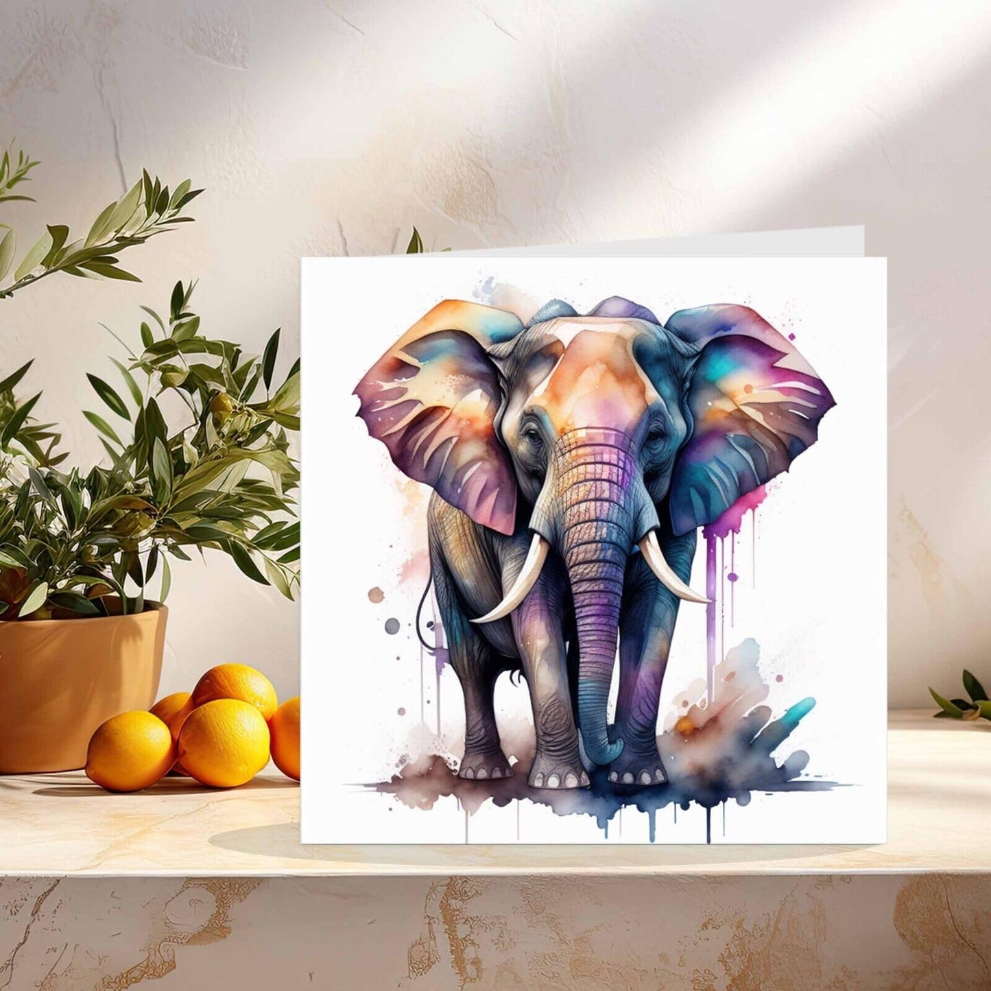 Elephant Greeting Card - Watercolour Elephant Card Animal - 145mm x 145mm Square