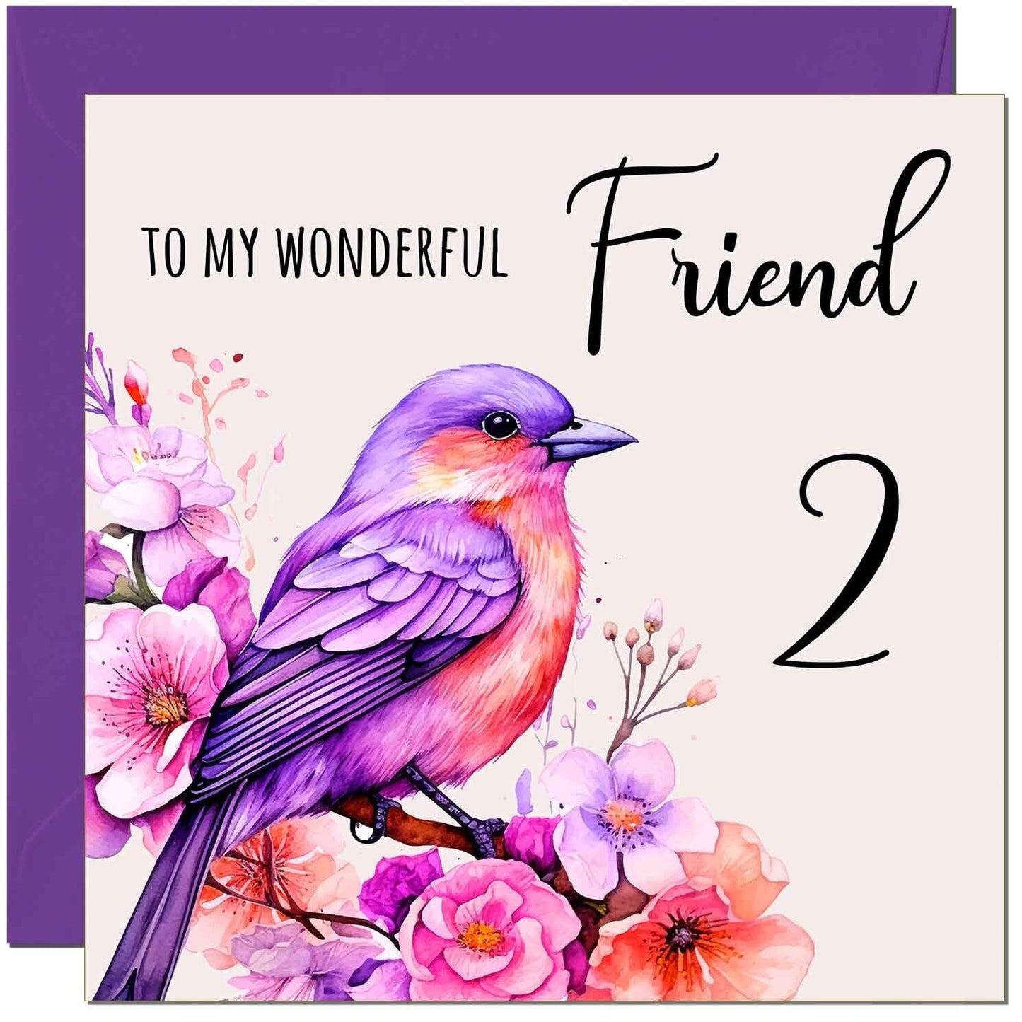 Friend Birthday Card - Purple Watercolour Bird Friends