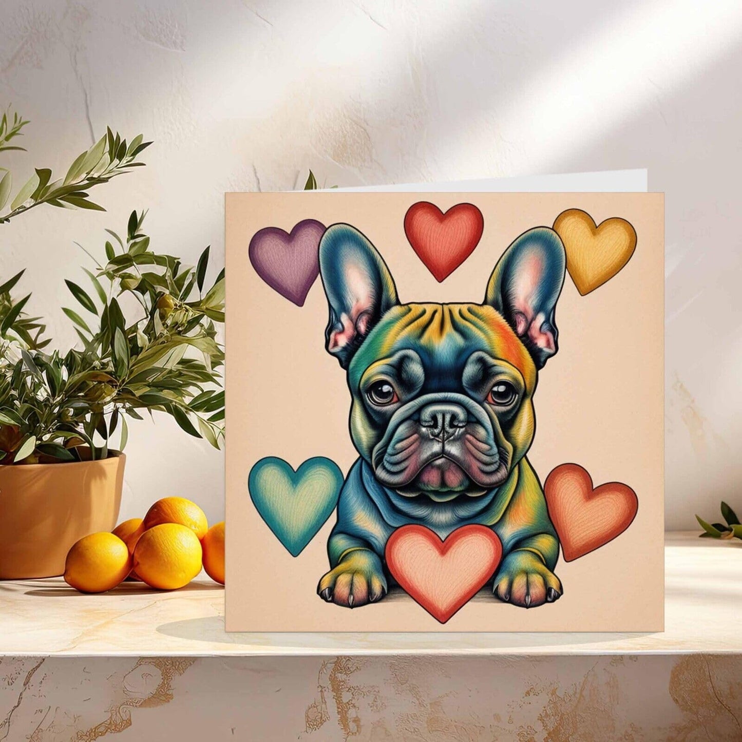 Cute French Bulldog Greeting Card Love Hearts French Bulldog 145mm x 145mm
