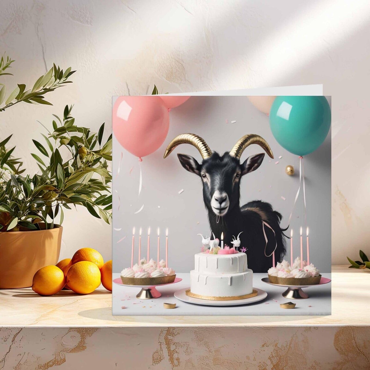 Goat Birthday Card Black Goat with Cake Card 145mm x 145mm