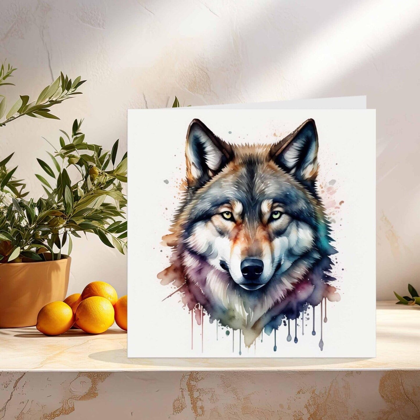 Wolf Head Greeting Card - Watercolour Wolf Card 145mm x 145mm