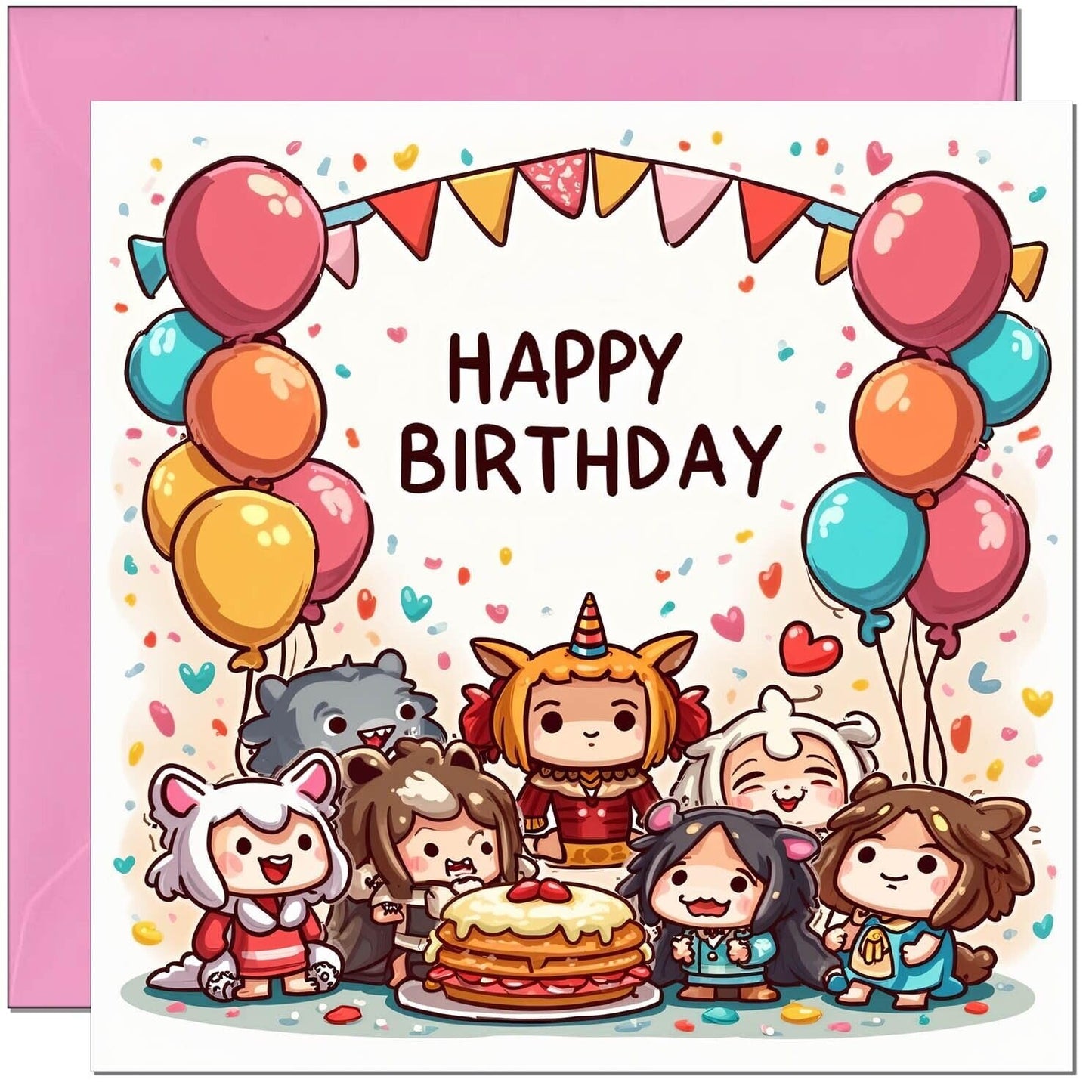 Cute Birthday Card for Kids Children Kawaii Chibi Daughter niece granddaughter