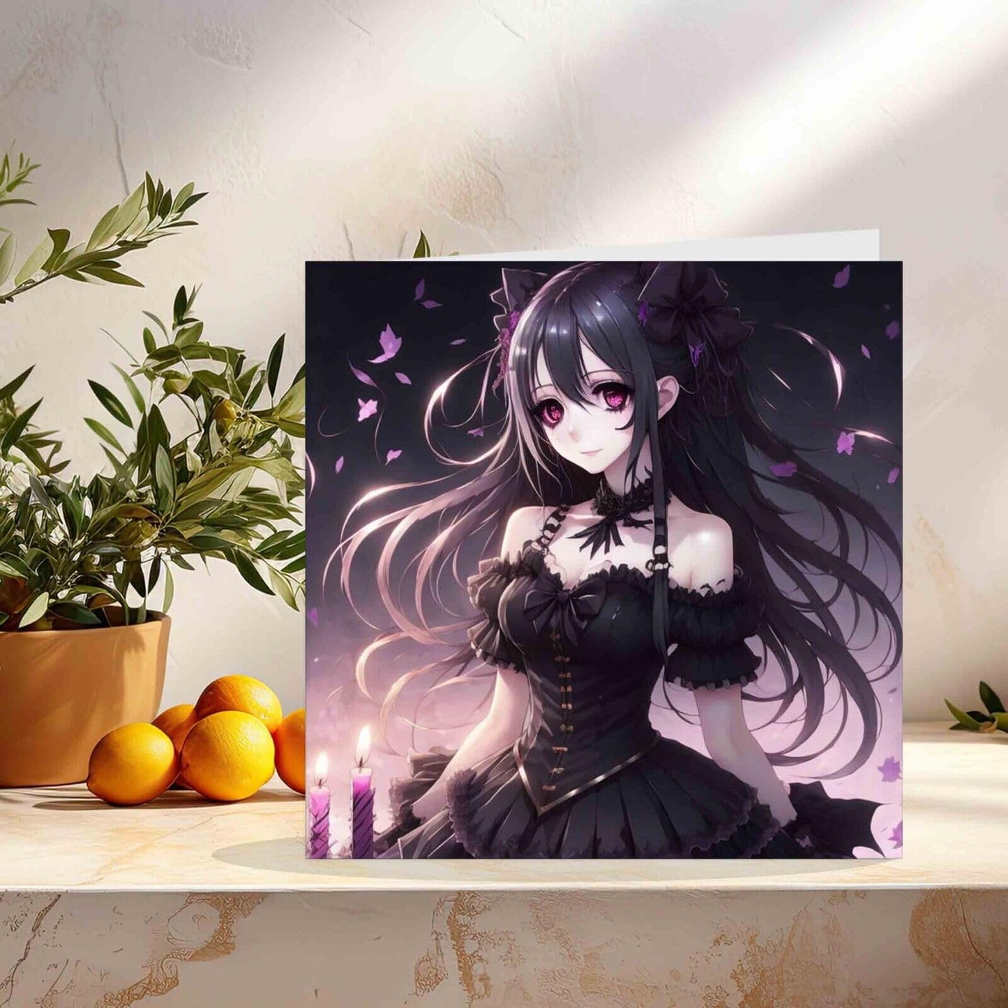 Anime Gothic Girl Greeting Card - Cute Goth Girl Birthday Card 145mm x 145mm