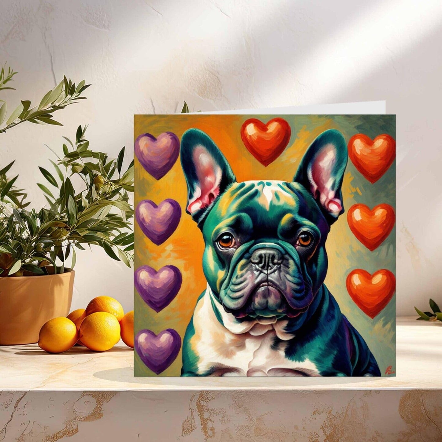 French Bulldog Greeting Card Love Hearts French Bulldog 145mm x 145mm