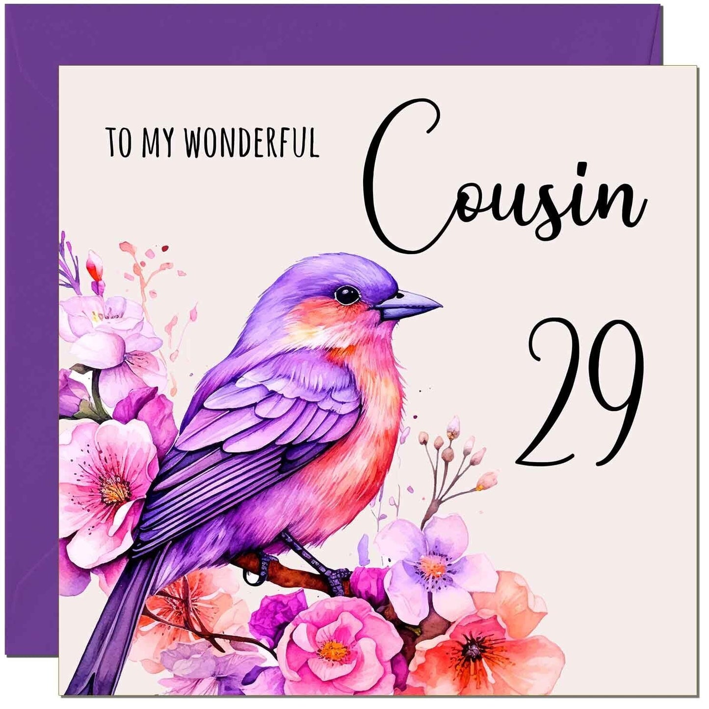 Cousin Birthday Card - Purple Watercolour Bird Cousin's