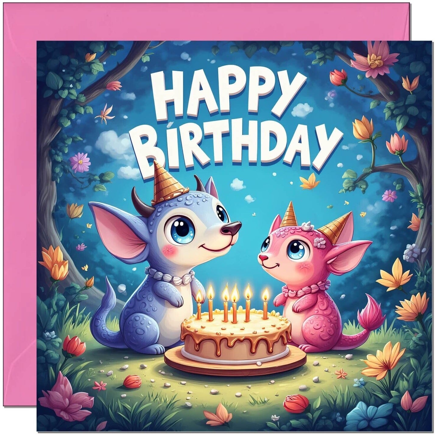 Cute Kids Birthday Card with Dragon Cake Design for daughter niece granddaughter