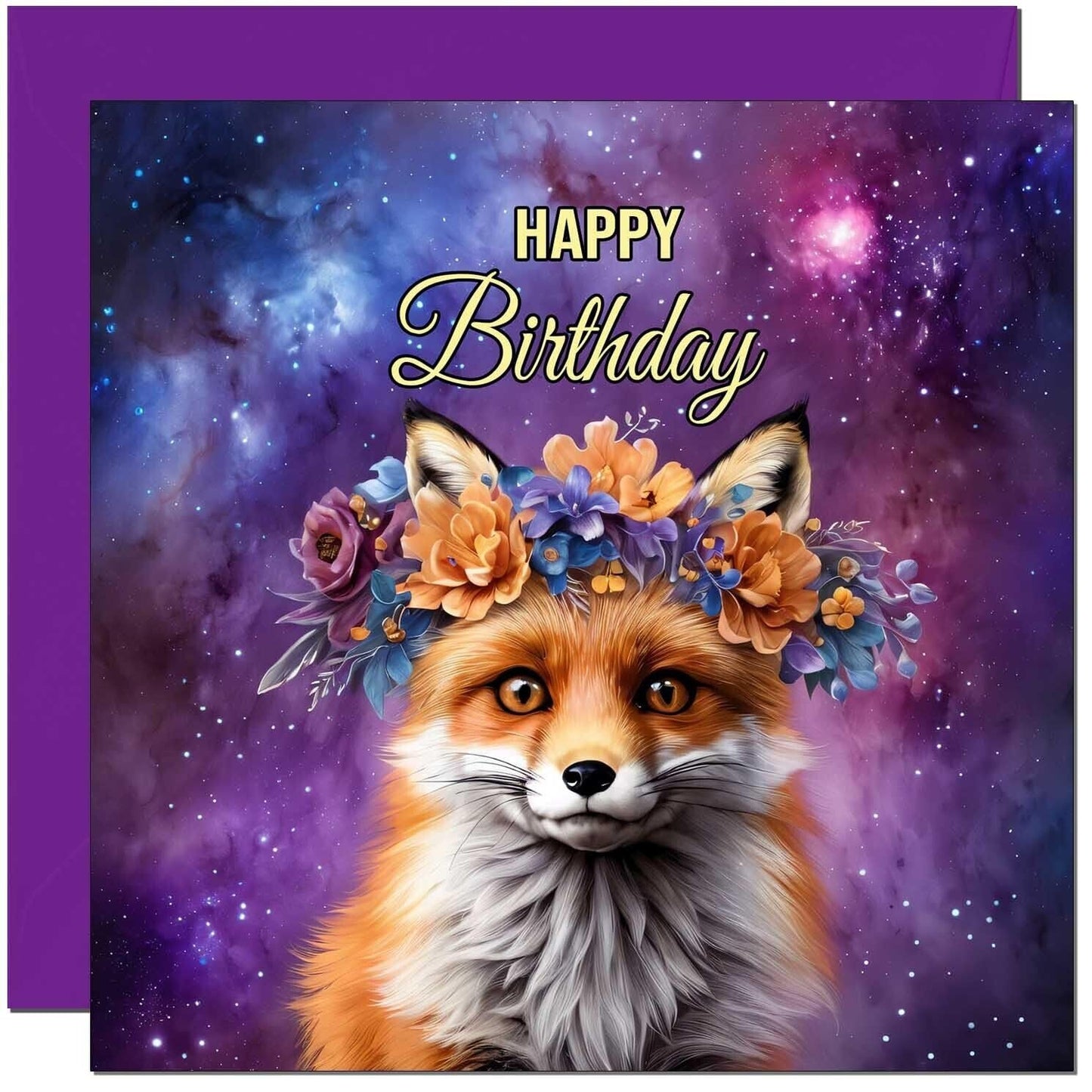 Fox Birthday Card - Beautiful Fox Floral Fantasy Birthday Card 145 x 145mm