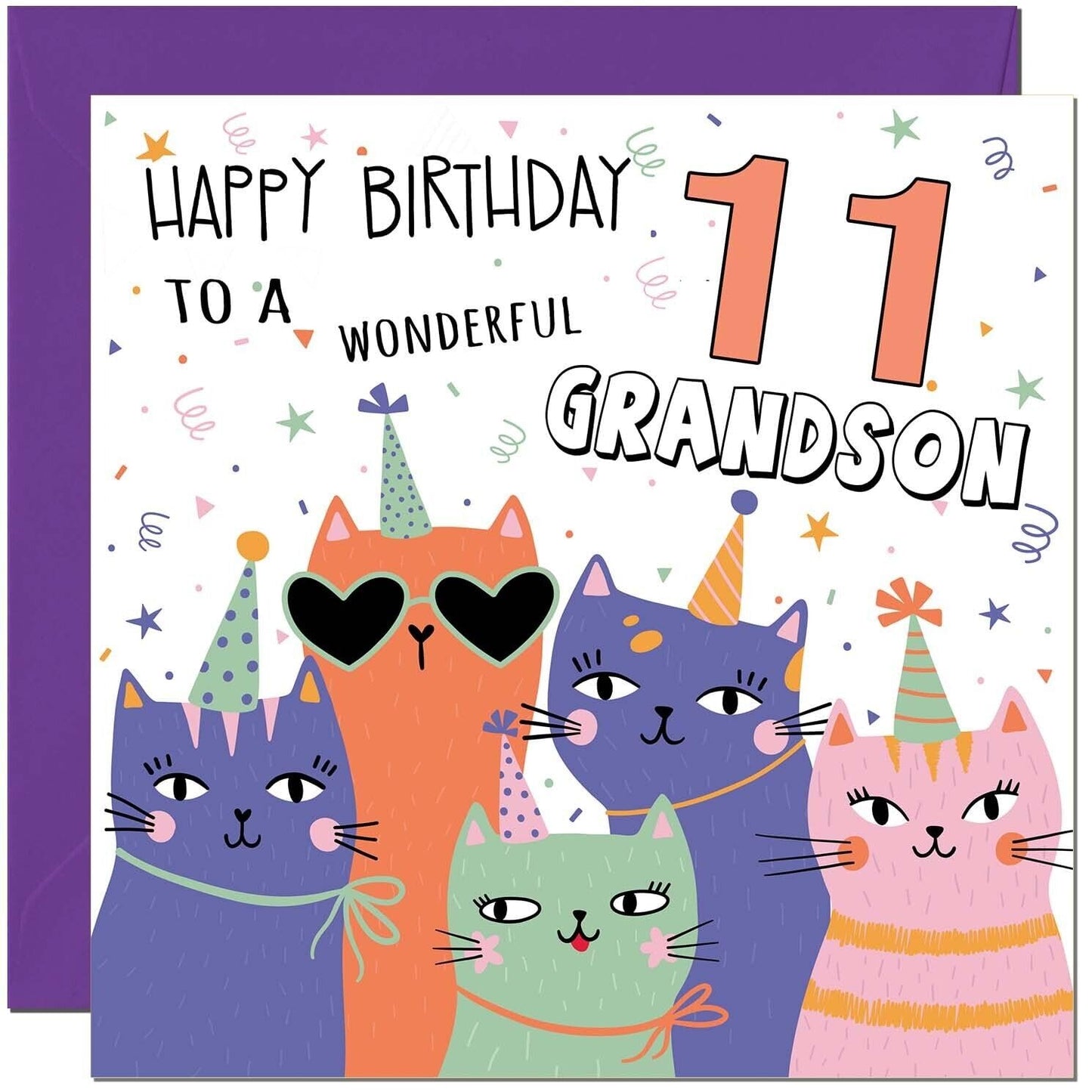 Grandson Birthday Card - Childrens Cute Cat Grandsons