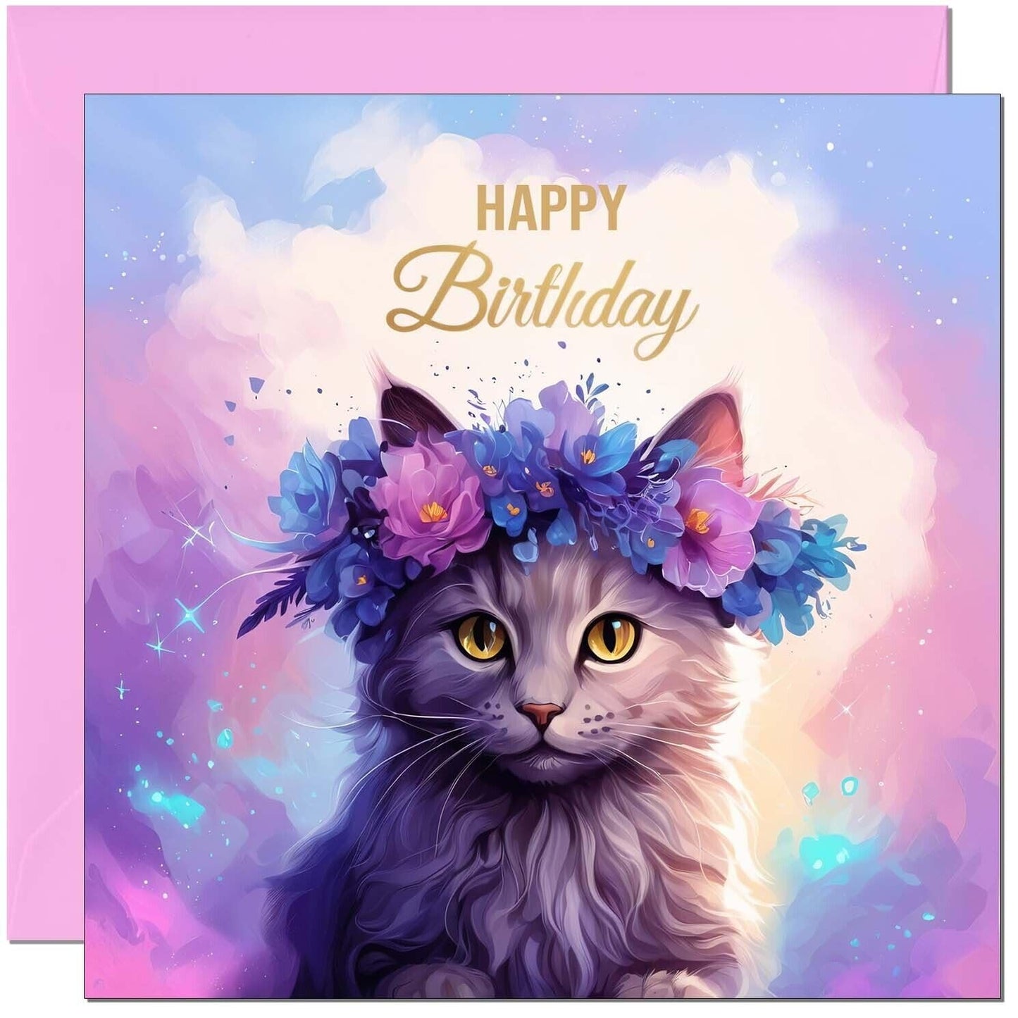 Beautiful Cat Birthday Card Floral Pink 145 x 145mm