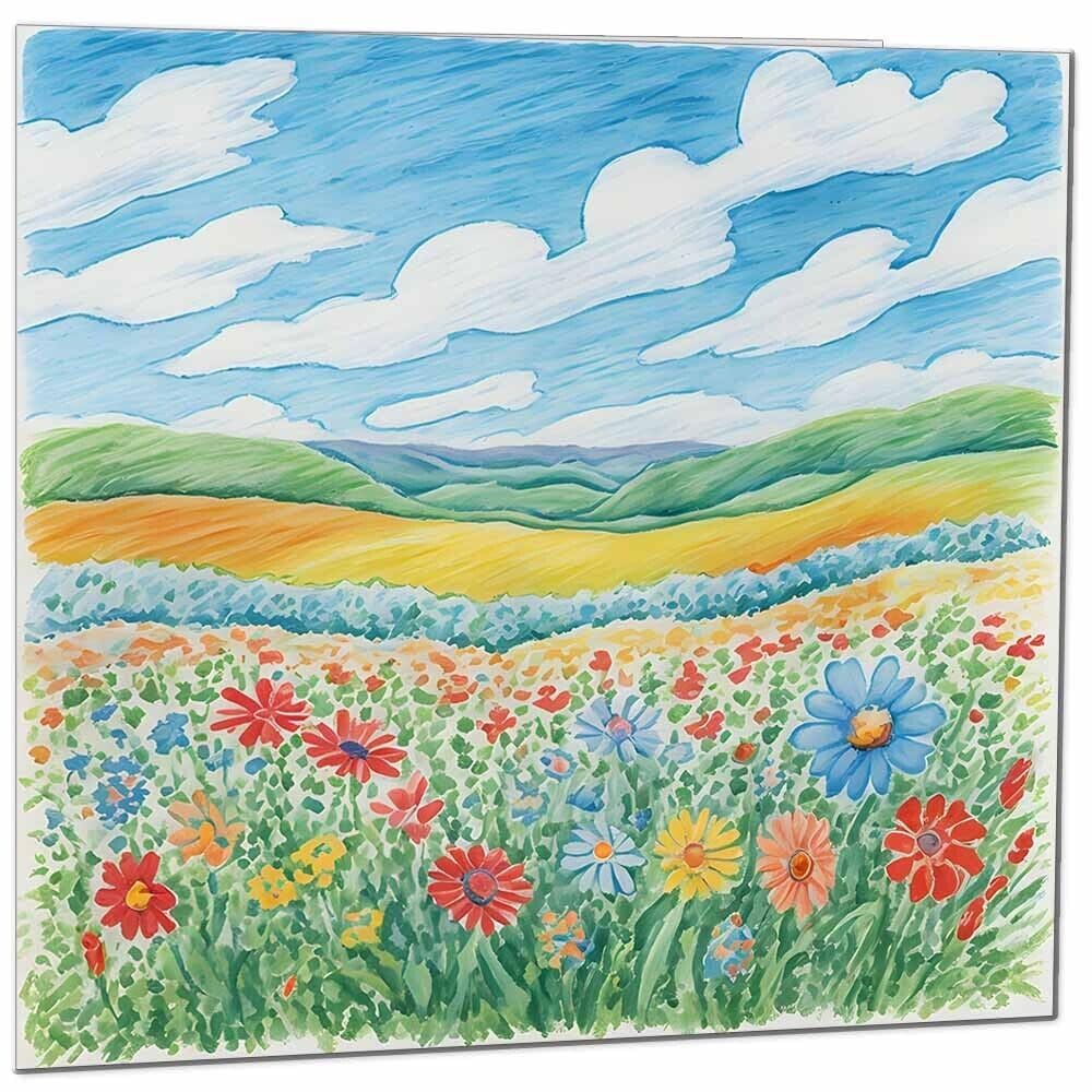 Blank Greeting Birthday Card Art Sky Grass Colourful Flowers Nature Beautiful