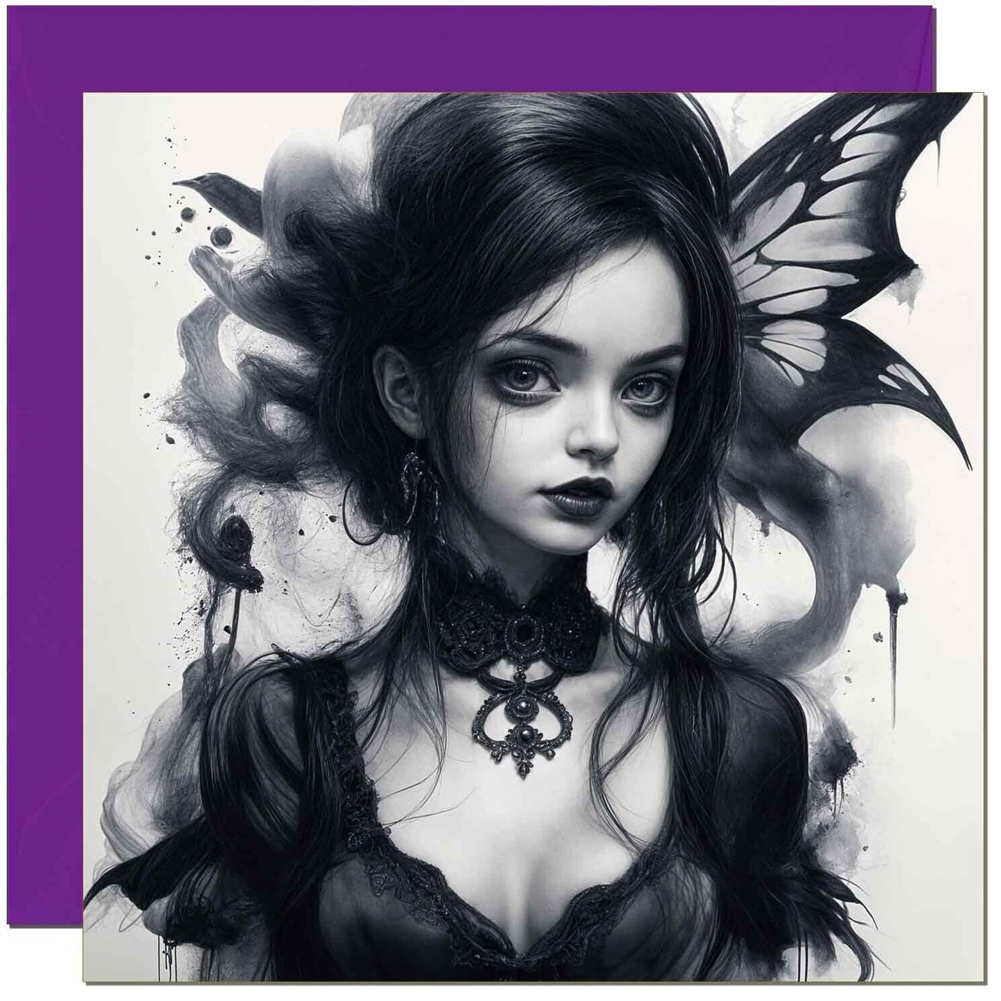 Beautiful Gothic Girl Birthday Card - Dark Ink Goth Girl Design 145 x 145mm