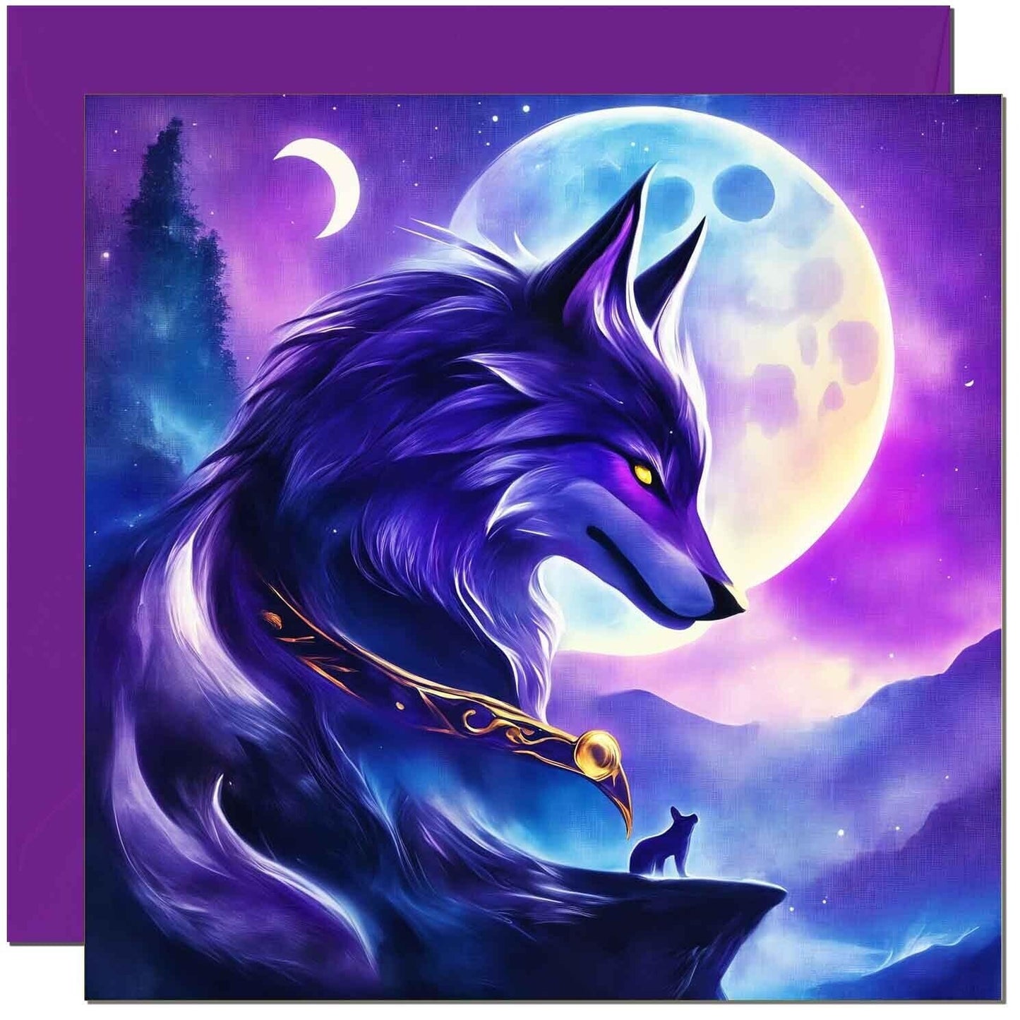 Fantasy Birthday Card - Purple Wolf Moon Birthday Card Greeting Card 145 x 145mm