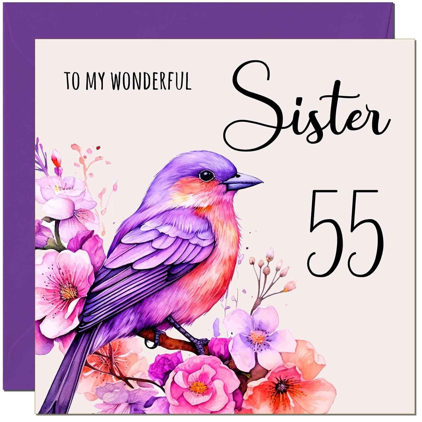 Sister Birthday Card - Purple Watercolour Bird Sister's