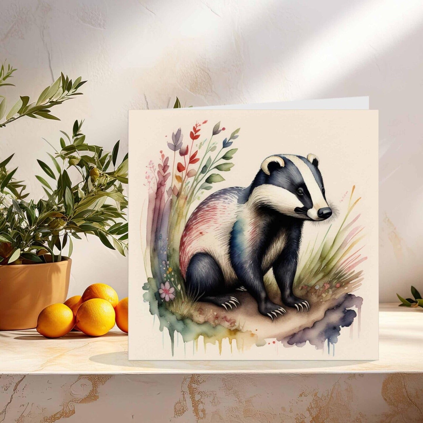 Badger Greeting Card - Watercolor Badger Card - 145mm x 145mm Square