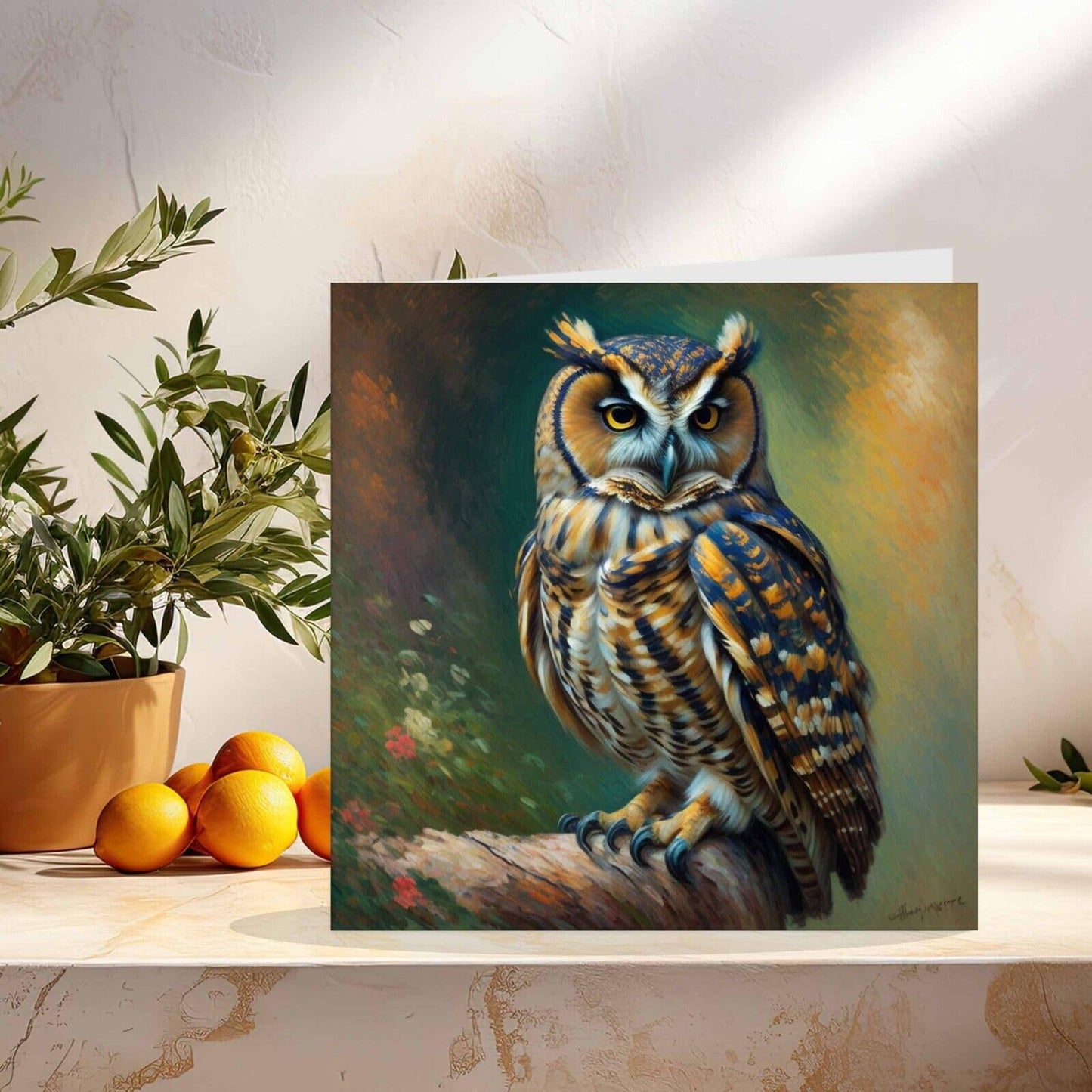 Owl Greeting Card - Animal Nature Impressionism Art 145mm x 145mm