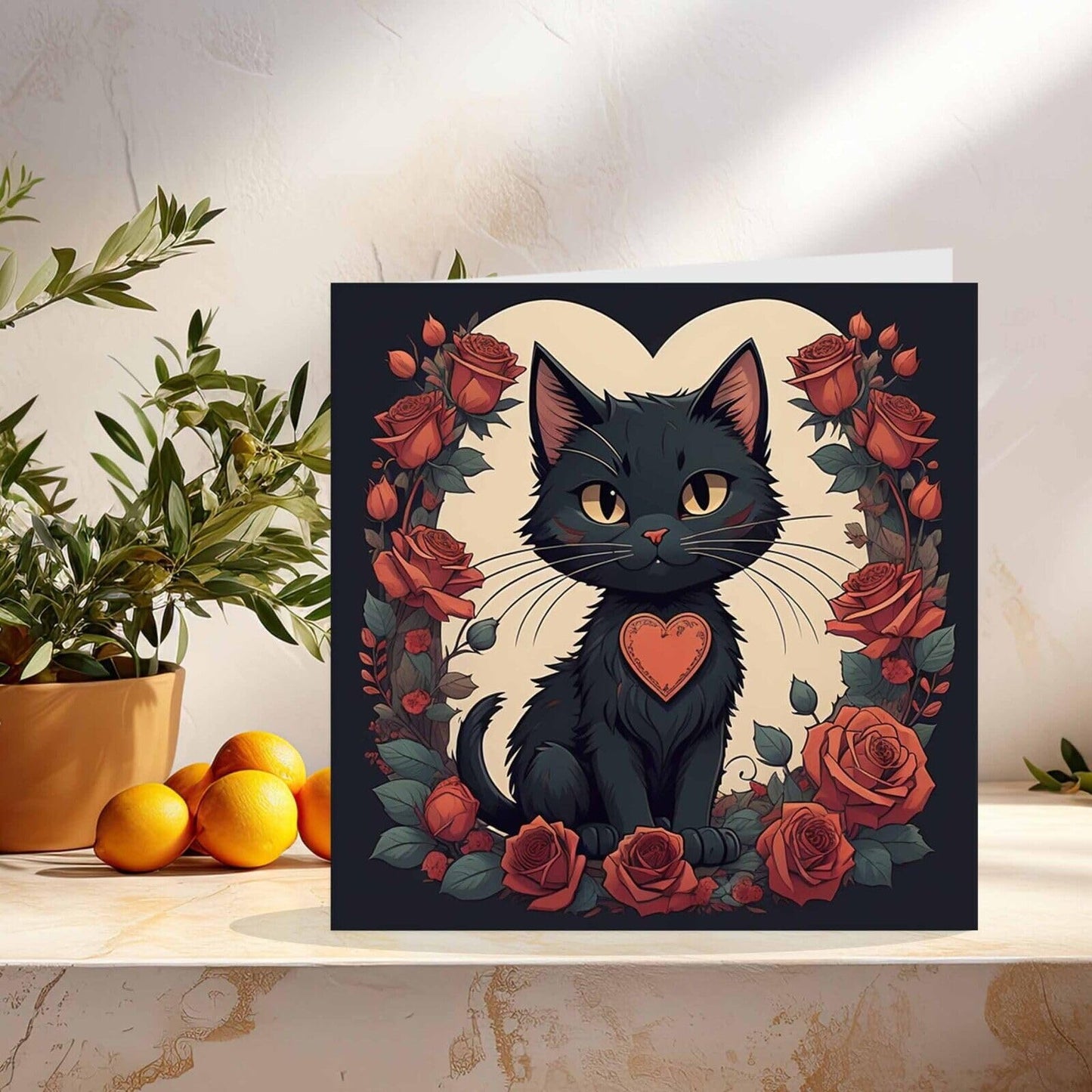 Black Cat Valentines Day Card Rose Love Anniversary Cat 145mm x 145mm
