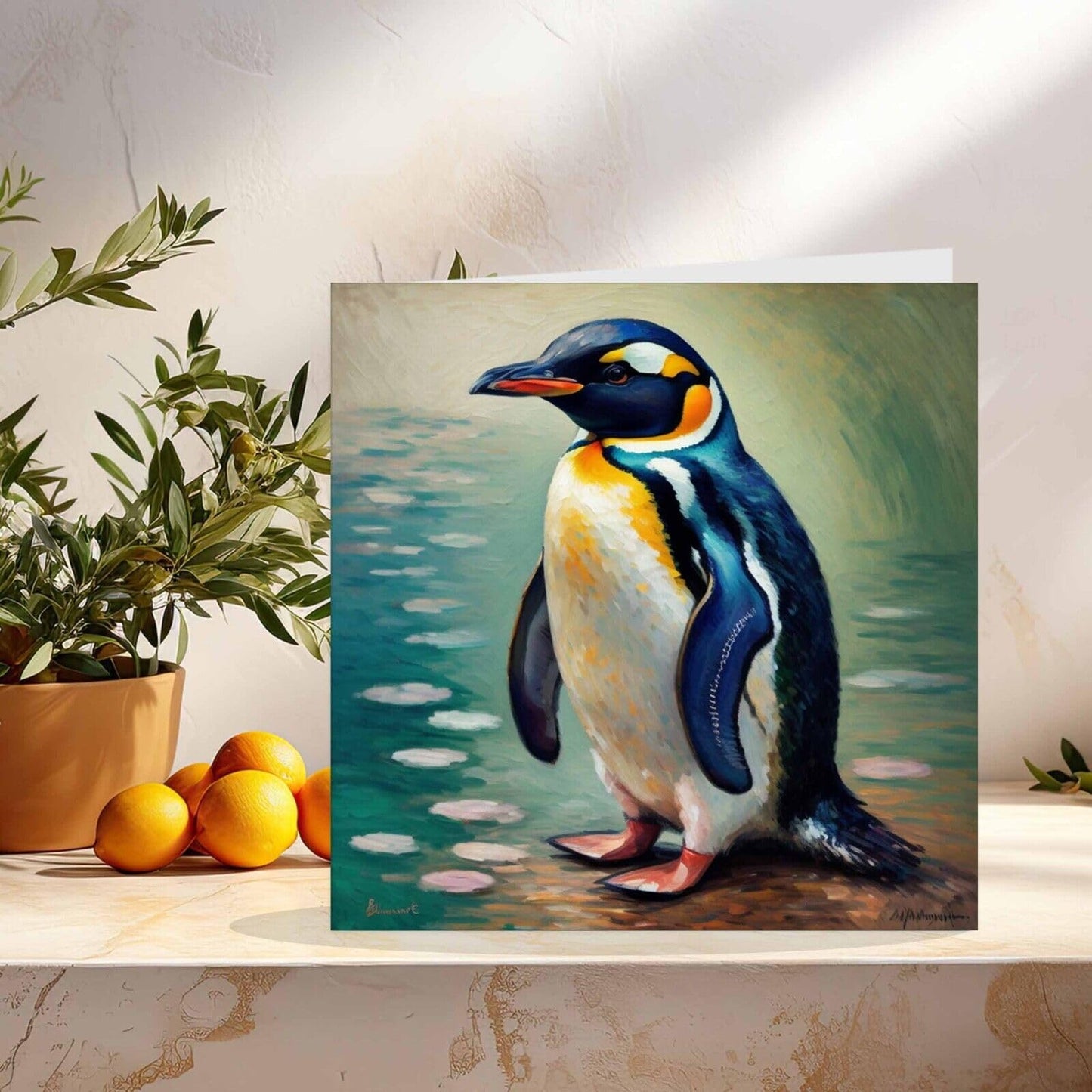 Penguin Greeting Card Animal Impressionism Art 145mm x 145mm