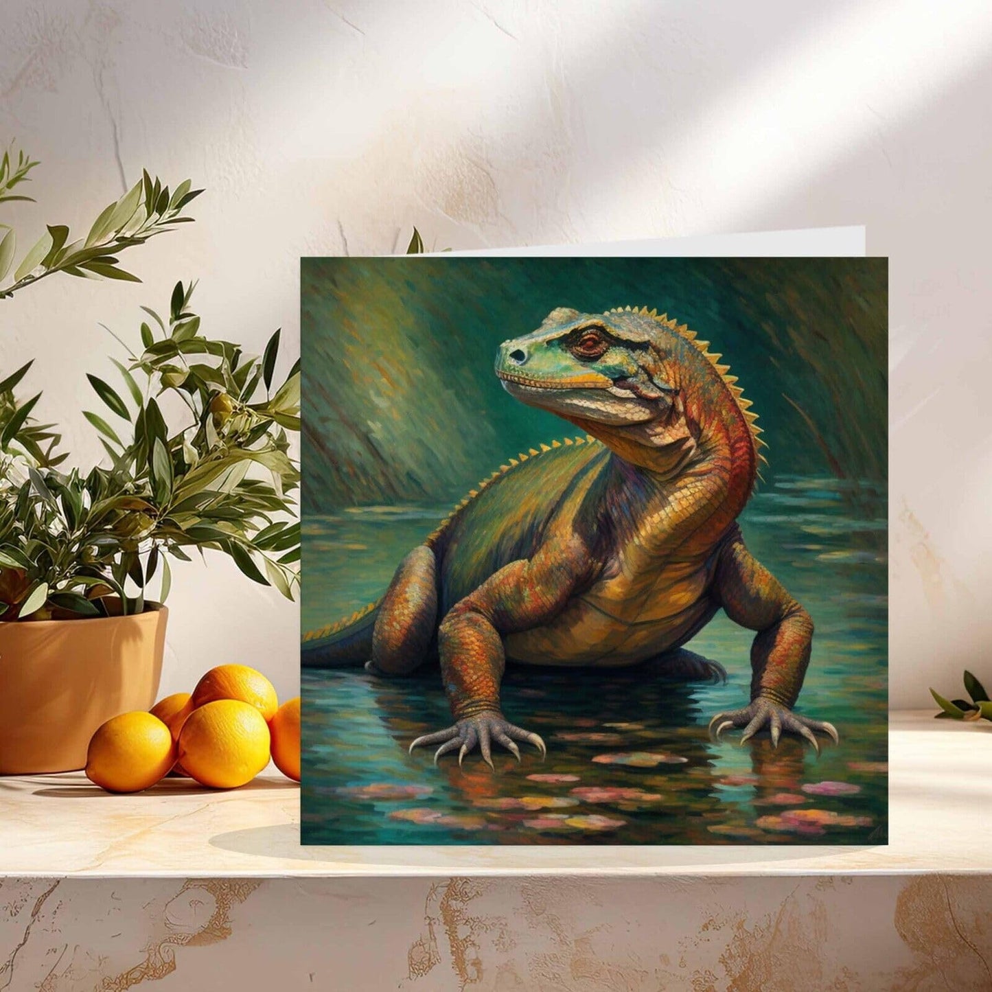 Comodo Dragon Greeting Card Lizard Impressionism Art 145mm x 145mm
