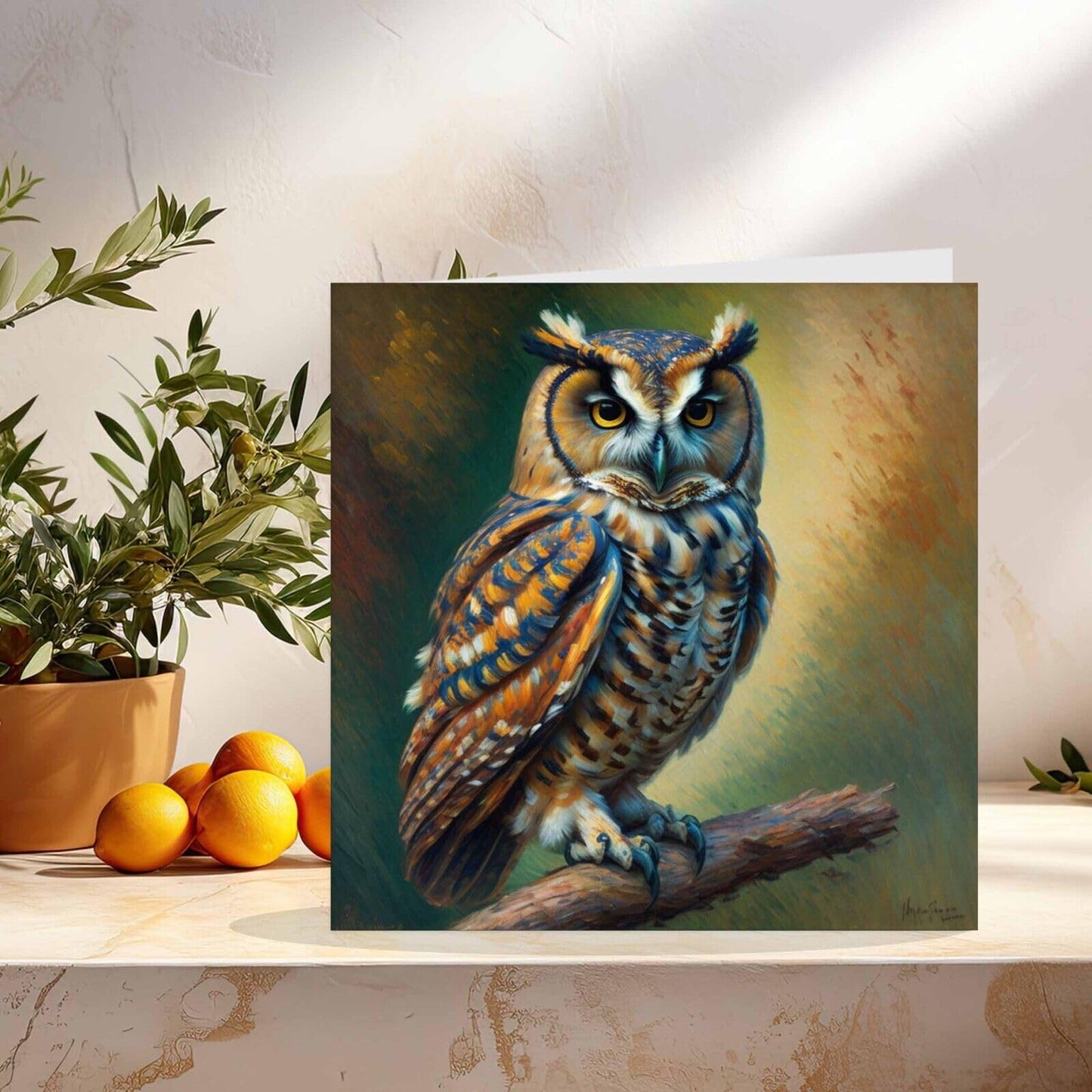 Owl Greeting Card - Animal Bird Impressionism Art 145mm x 145mm