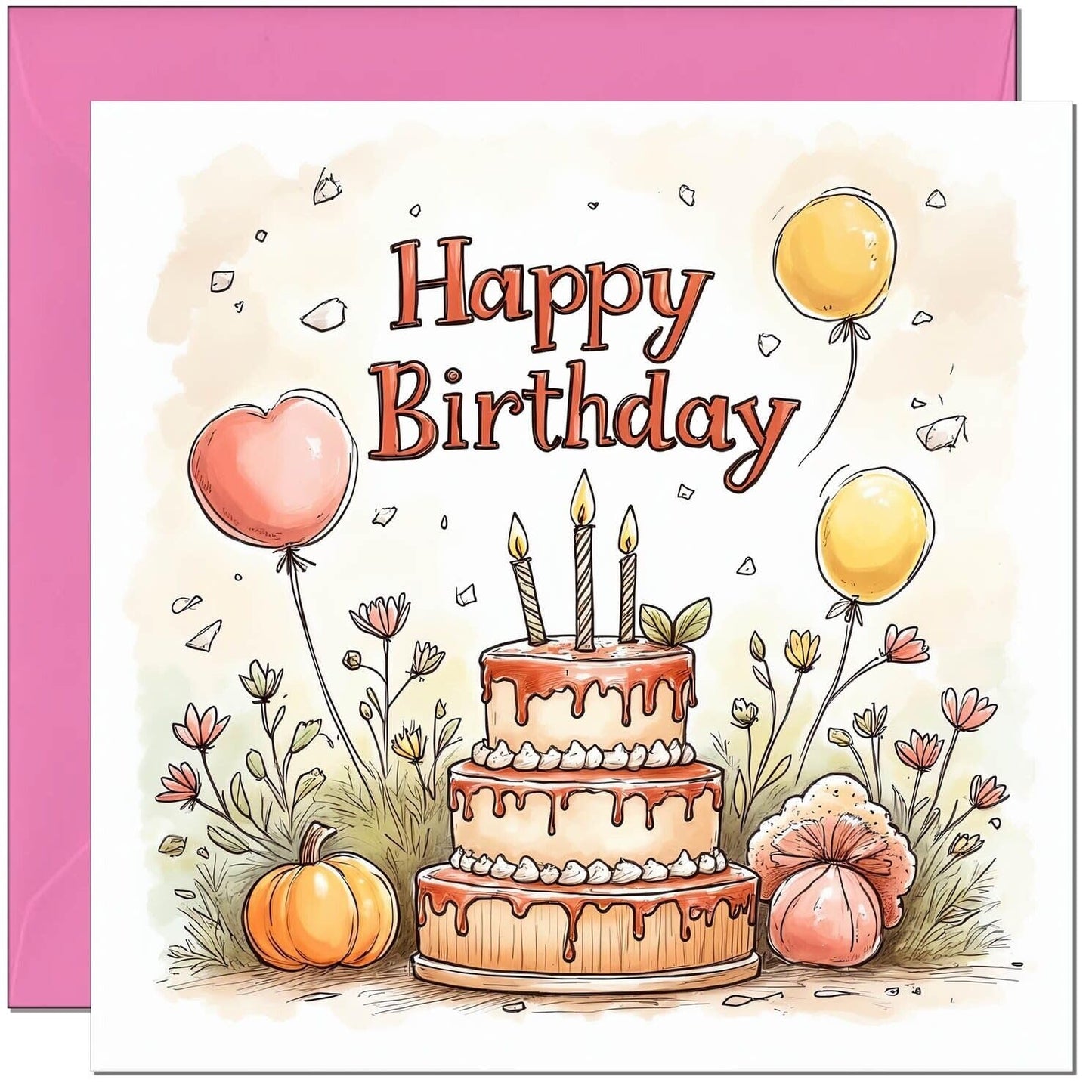 Cute Birthday Card Cake Design - Pink Envelope - bday card for nan mum aunt