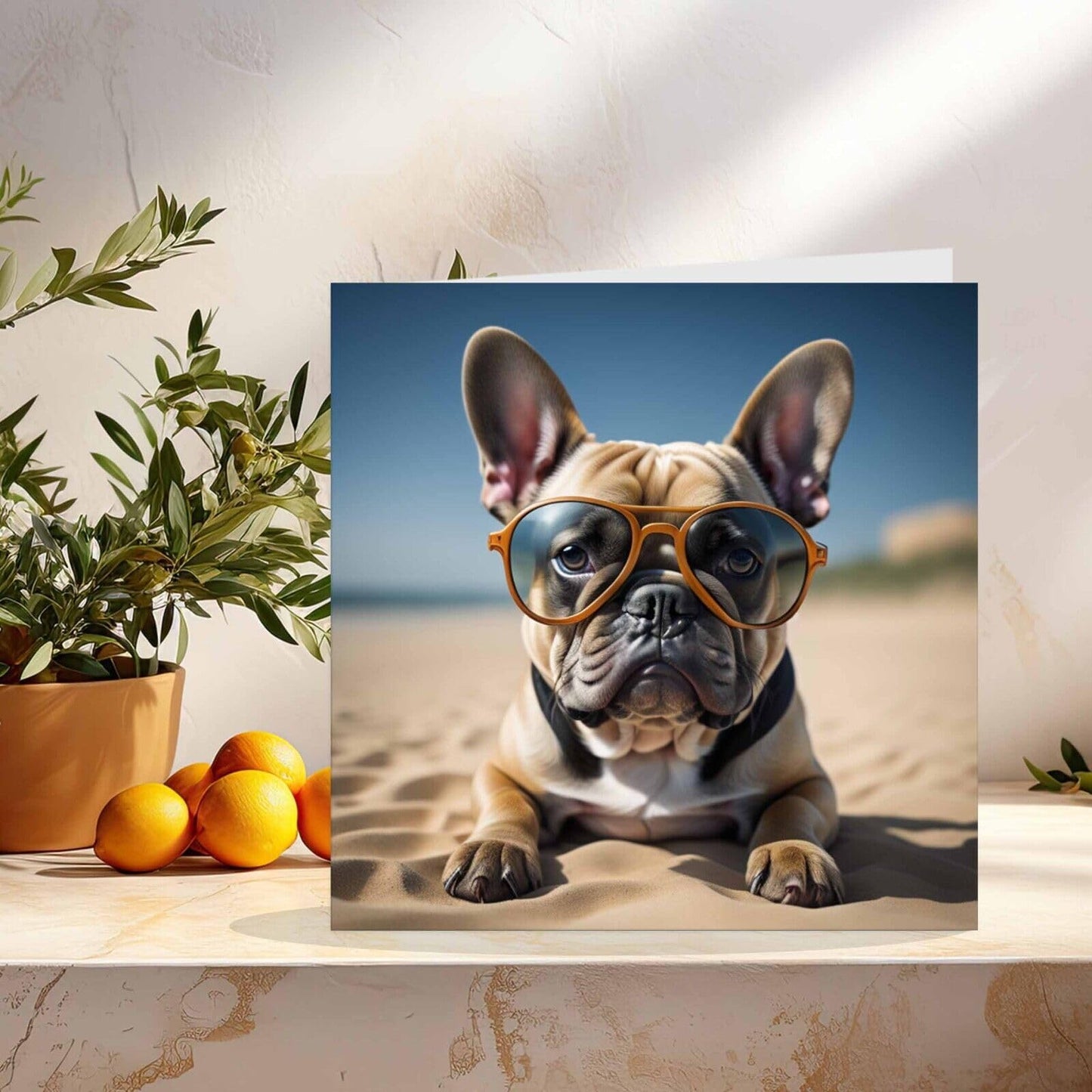 French Bulldog Greeting Card - Beach Sunglasses French Bull Dog 145mm x 145mm
