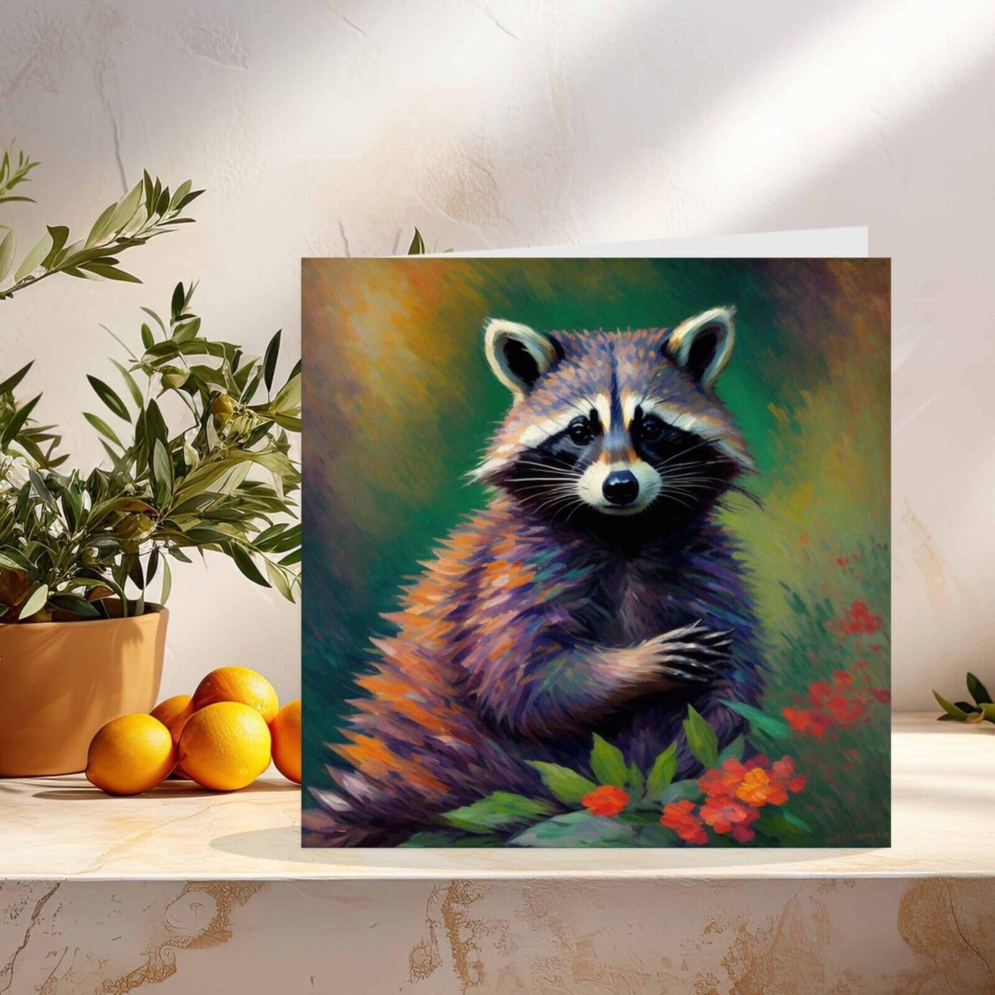 Raccoon Greetings Card Animal Impressionism Art 145mm x 145mm