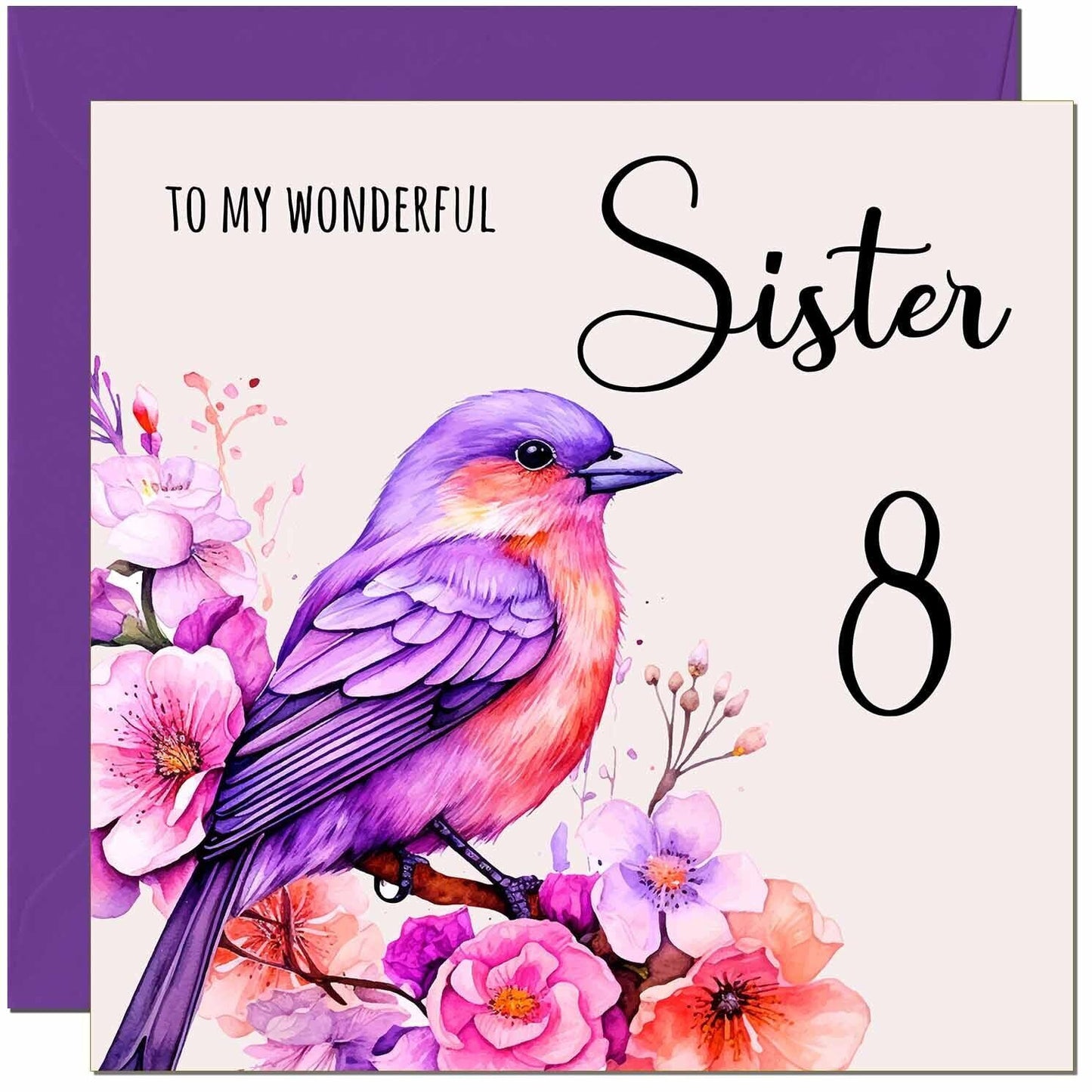 Sister Birthday Card - Purple Watercolour Bird Sister's