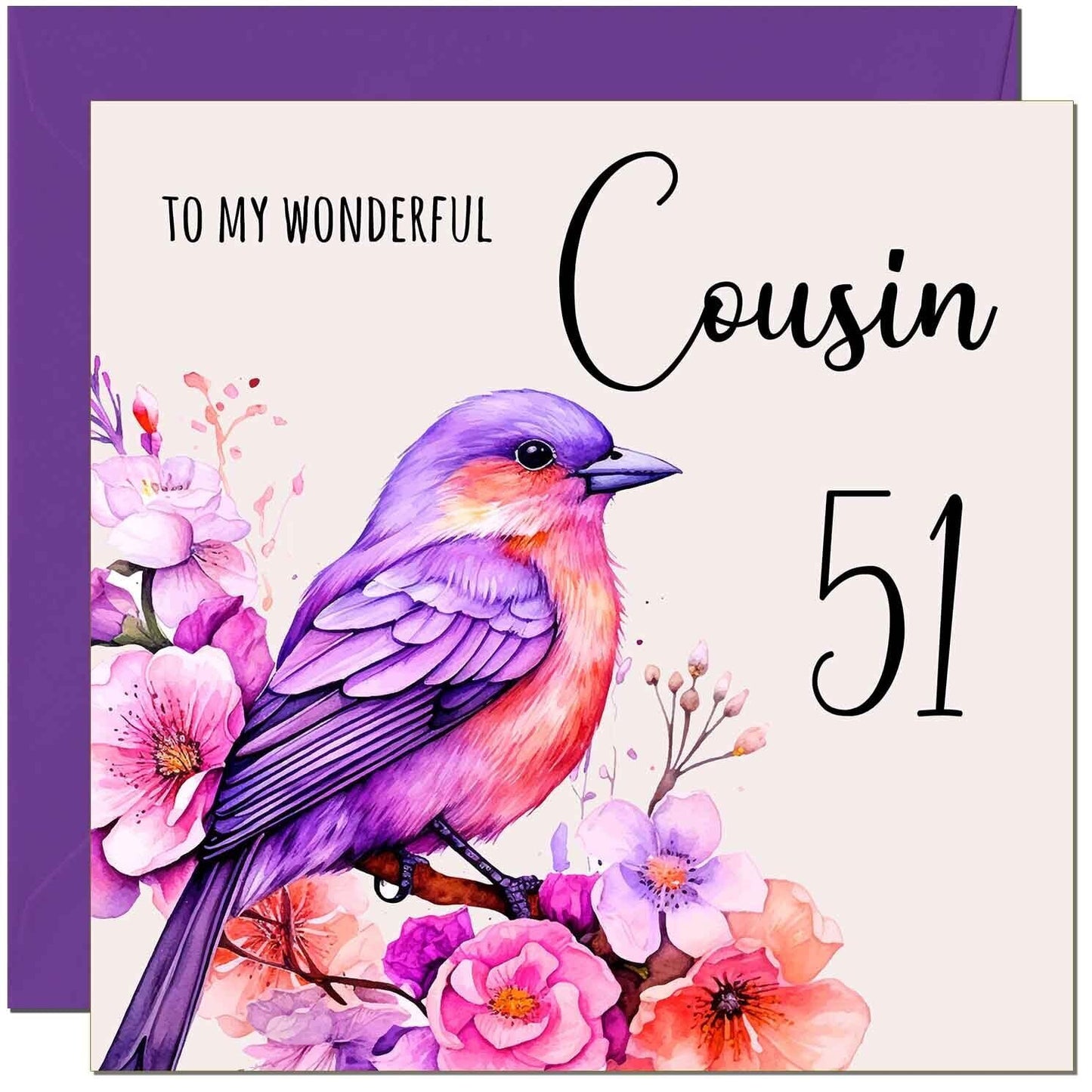 Cousin Birthday Card - Purple Watercolour Bird Cousin's