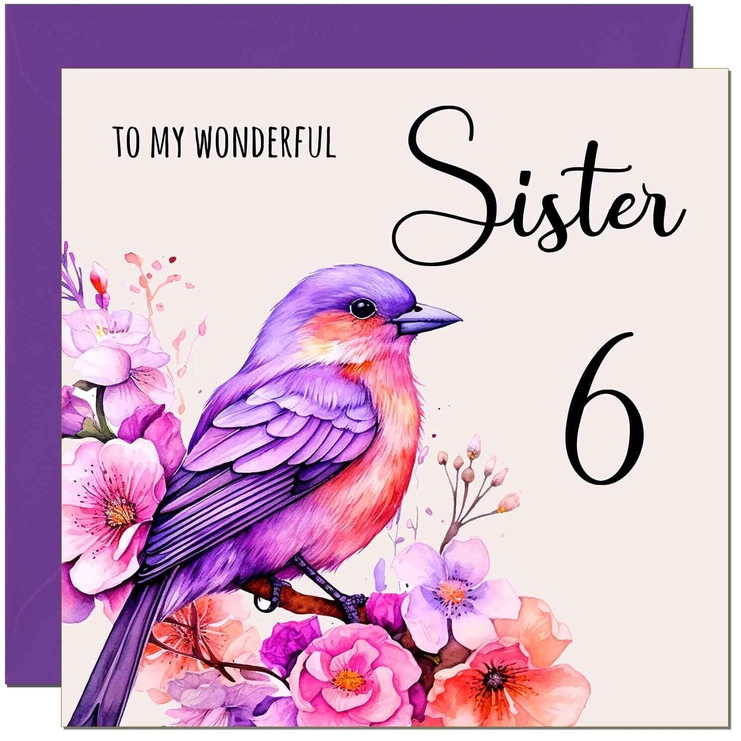 Sister Birthday Card - Purple Watercolour Bird Sister's