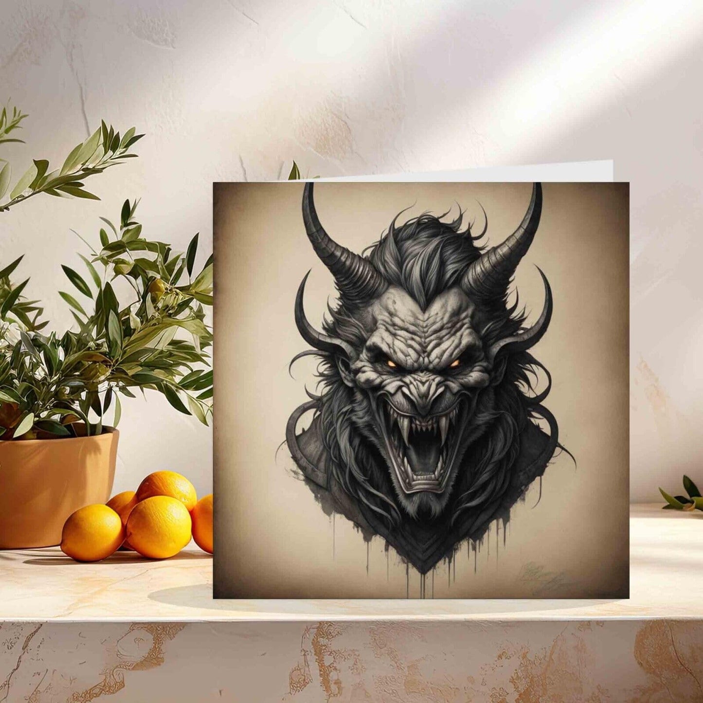 Scary Demon Greeting Card - Devil Horror Fantasy Card 145mm x 145mm