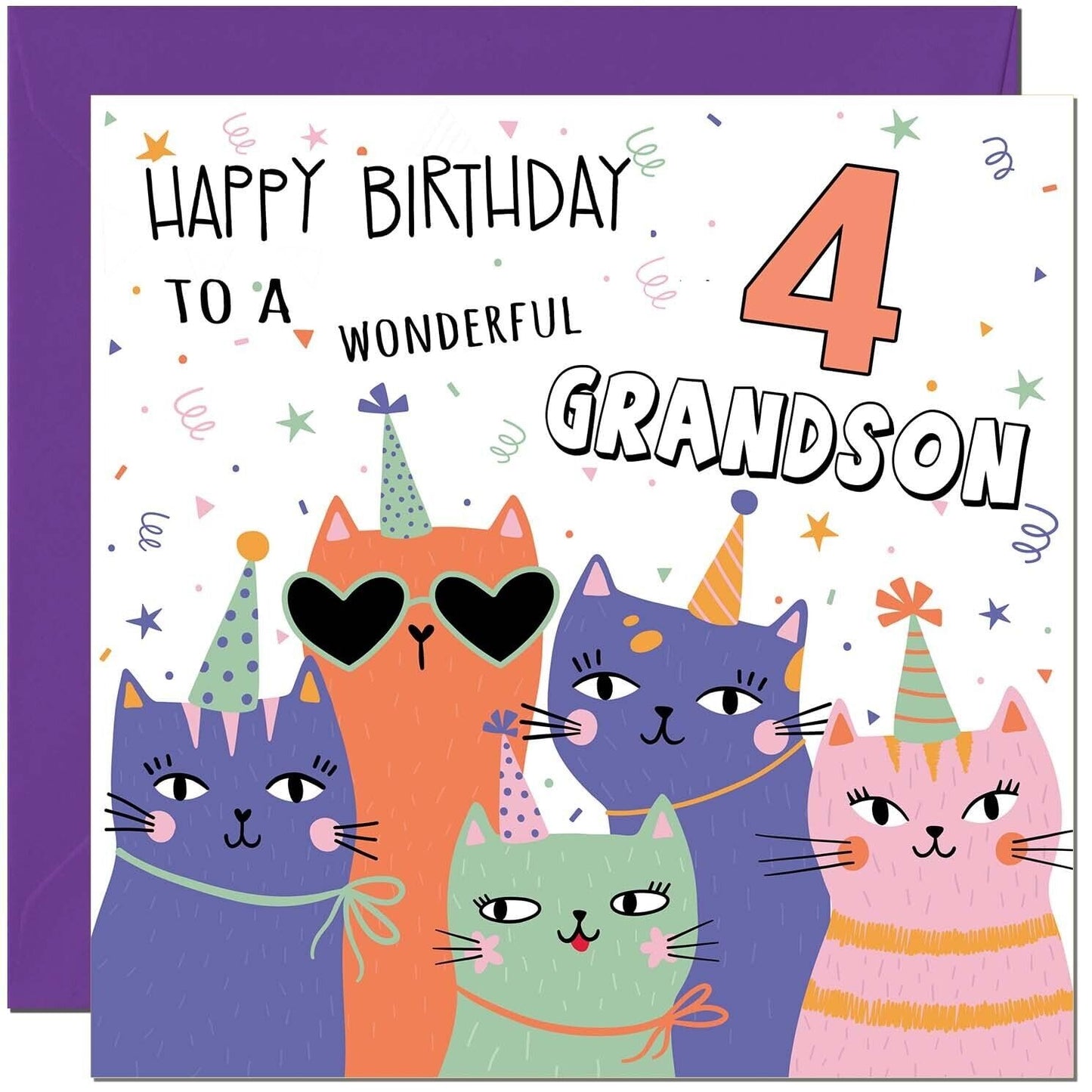 Grandson Birthday Card - Childrens Cute Cat Grandsons