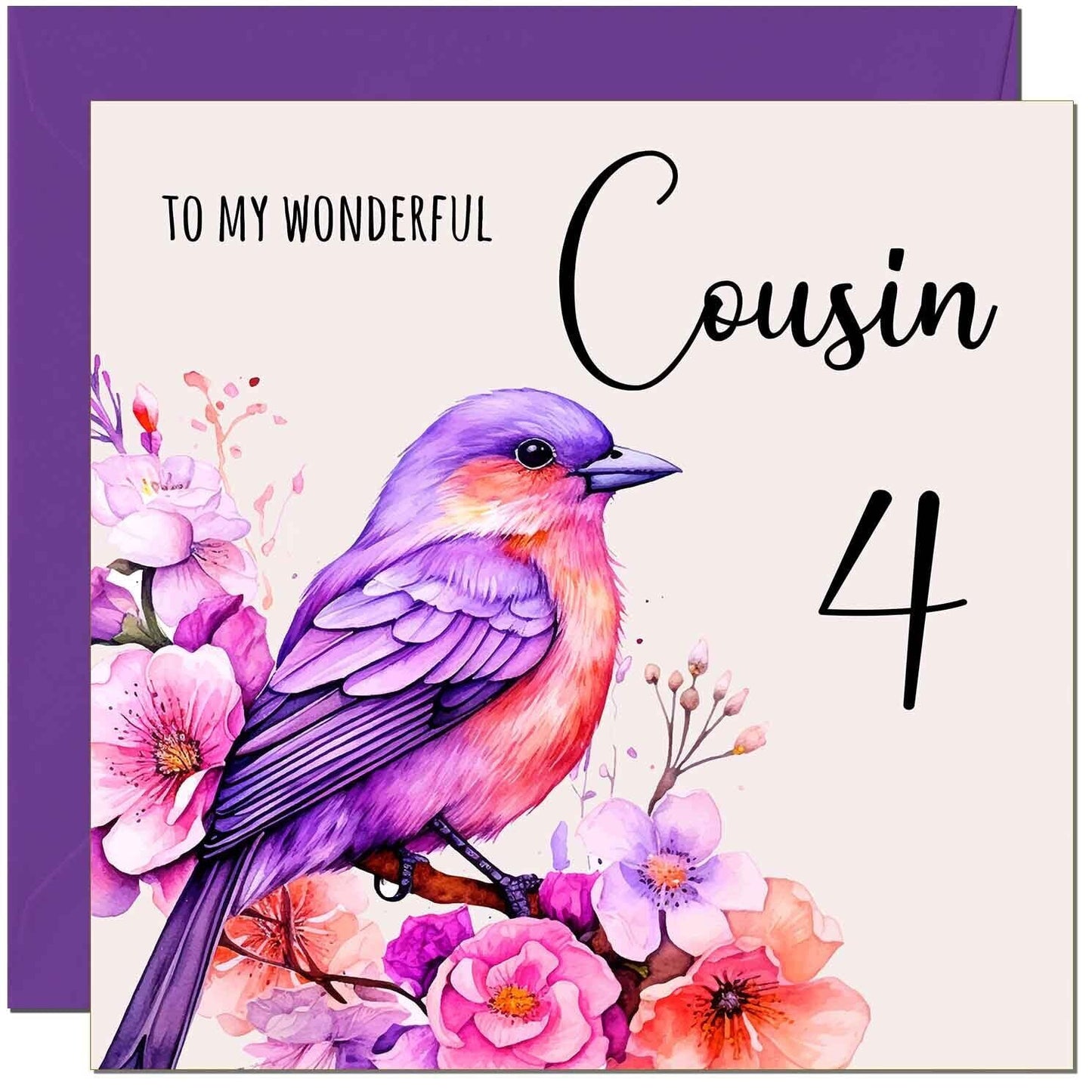 Cousin Birthday Card - Purple Watercolour Bird Cousin's