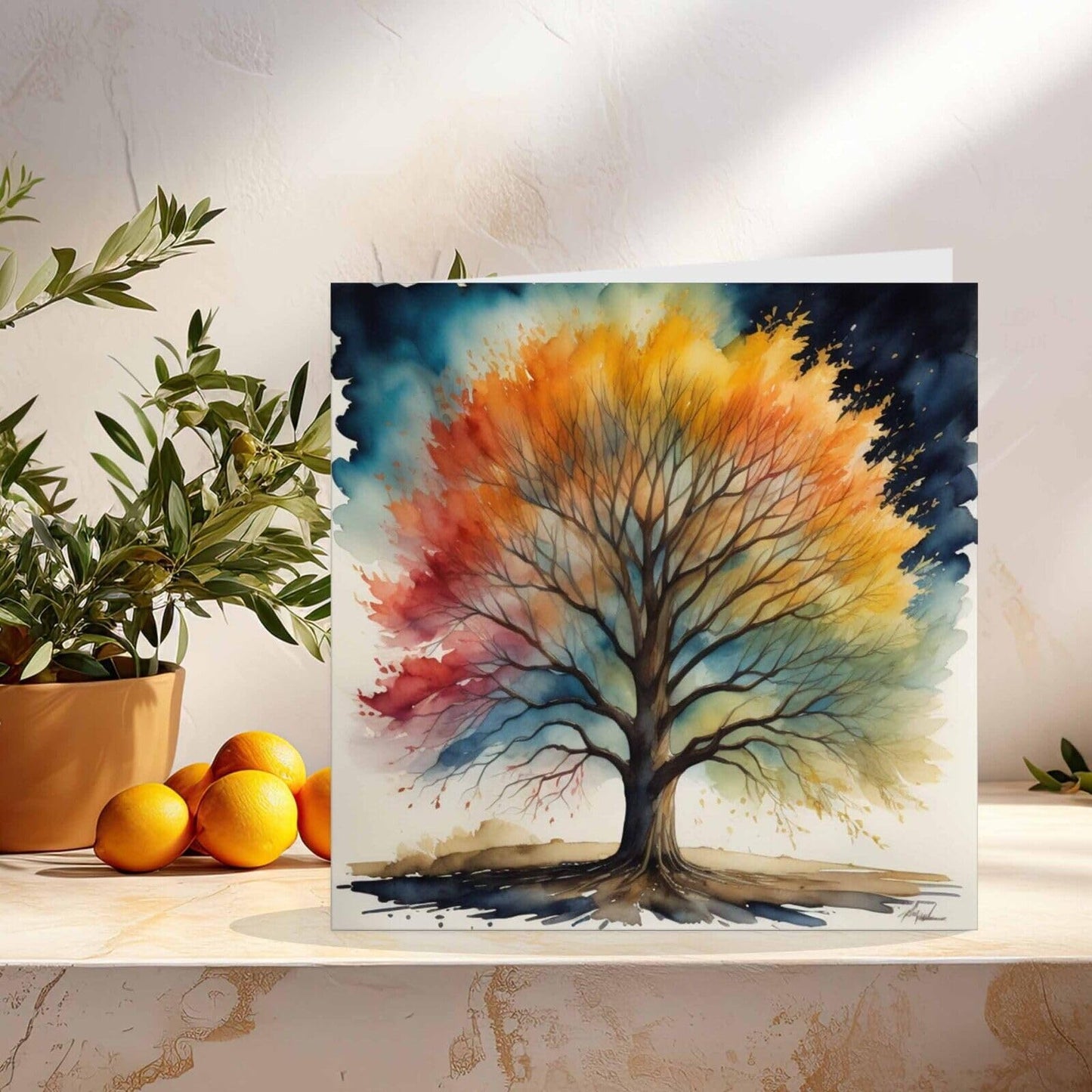 Rainbow Tree Greeting Card - Beautiful Nature Watercolor Tree Card 145mm x 145mm