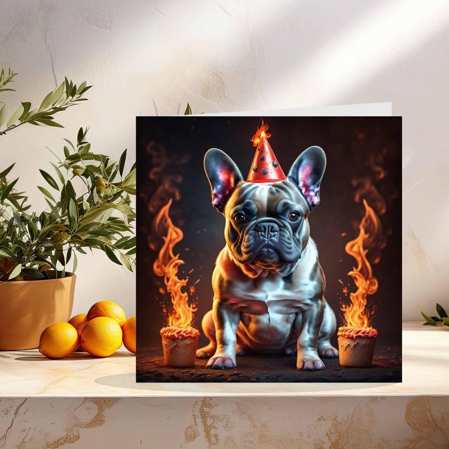Funny French Bulldog Greeting Card Fire 145mm x 145mm