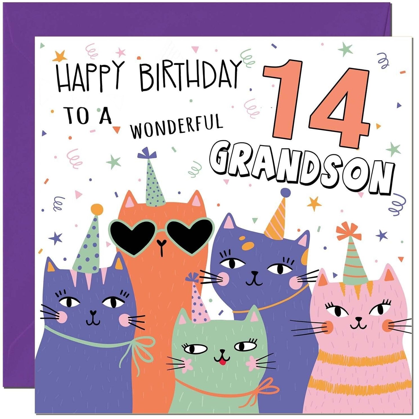 Grandson Birthday Card - Childrens Cute Cat Grandsons