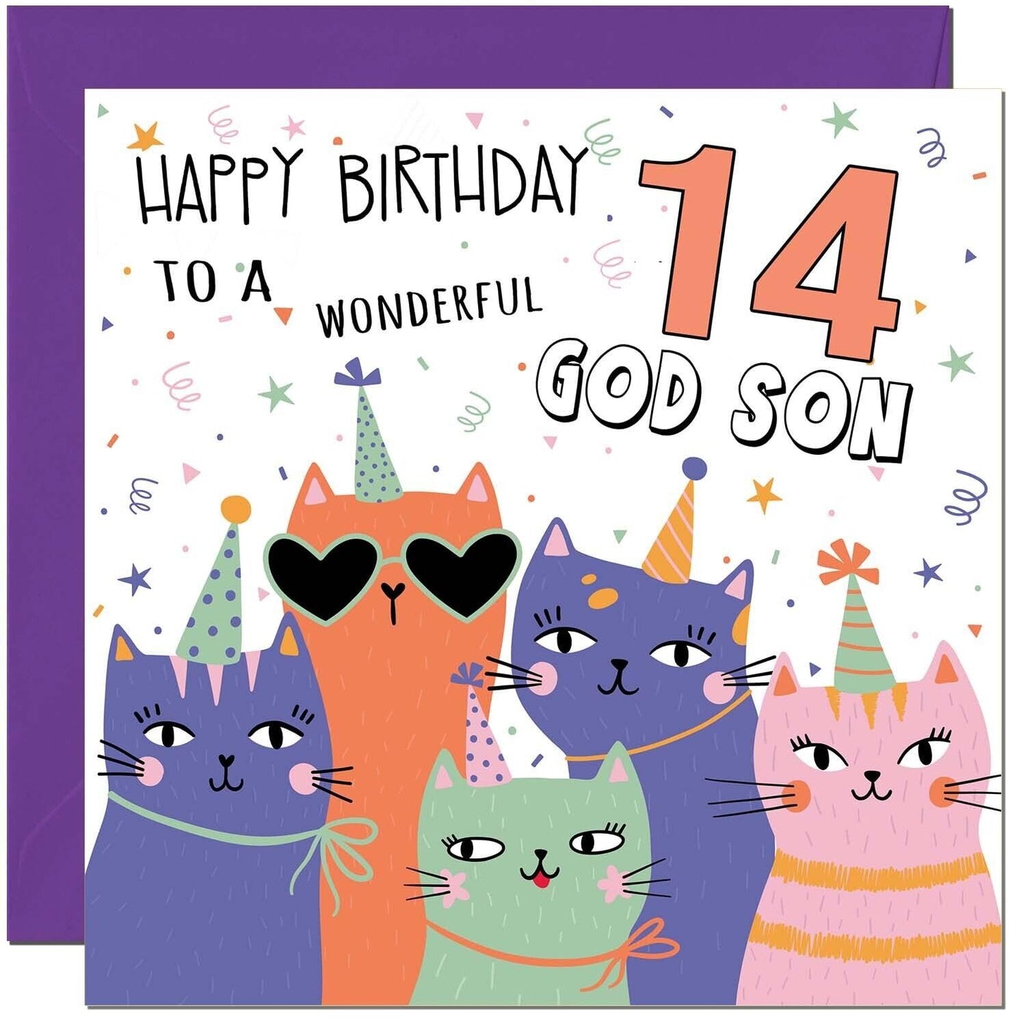 God Son Birthday Card - Childrens Cute Cat God Sons