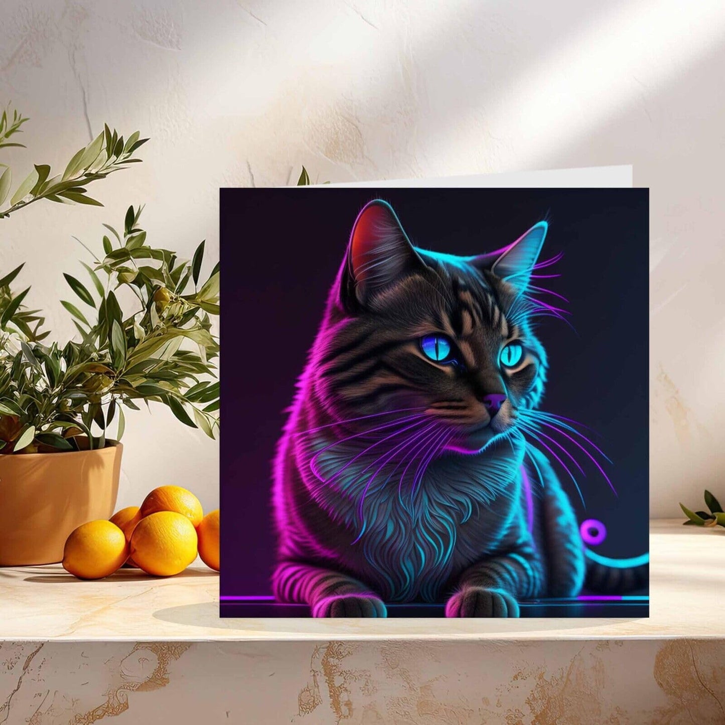 Neon Cat Greeting Card 145mm x 145mm