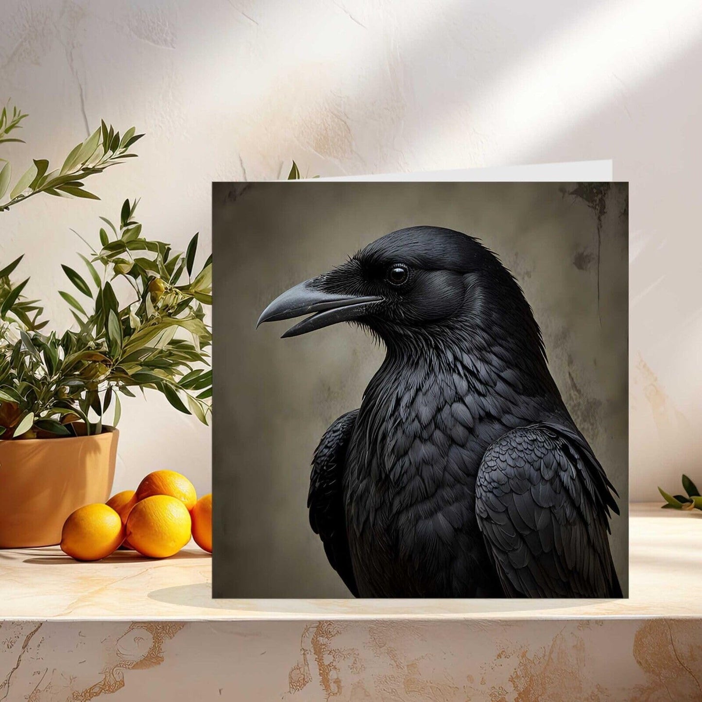 Raven Greeting Card - Gothic Black Raven Crow purple envelope 145mm x 145mm