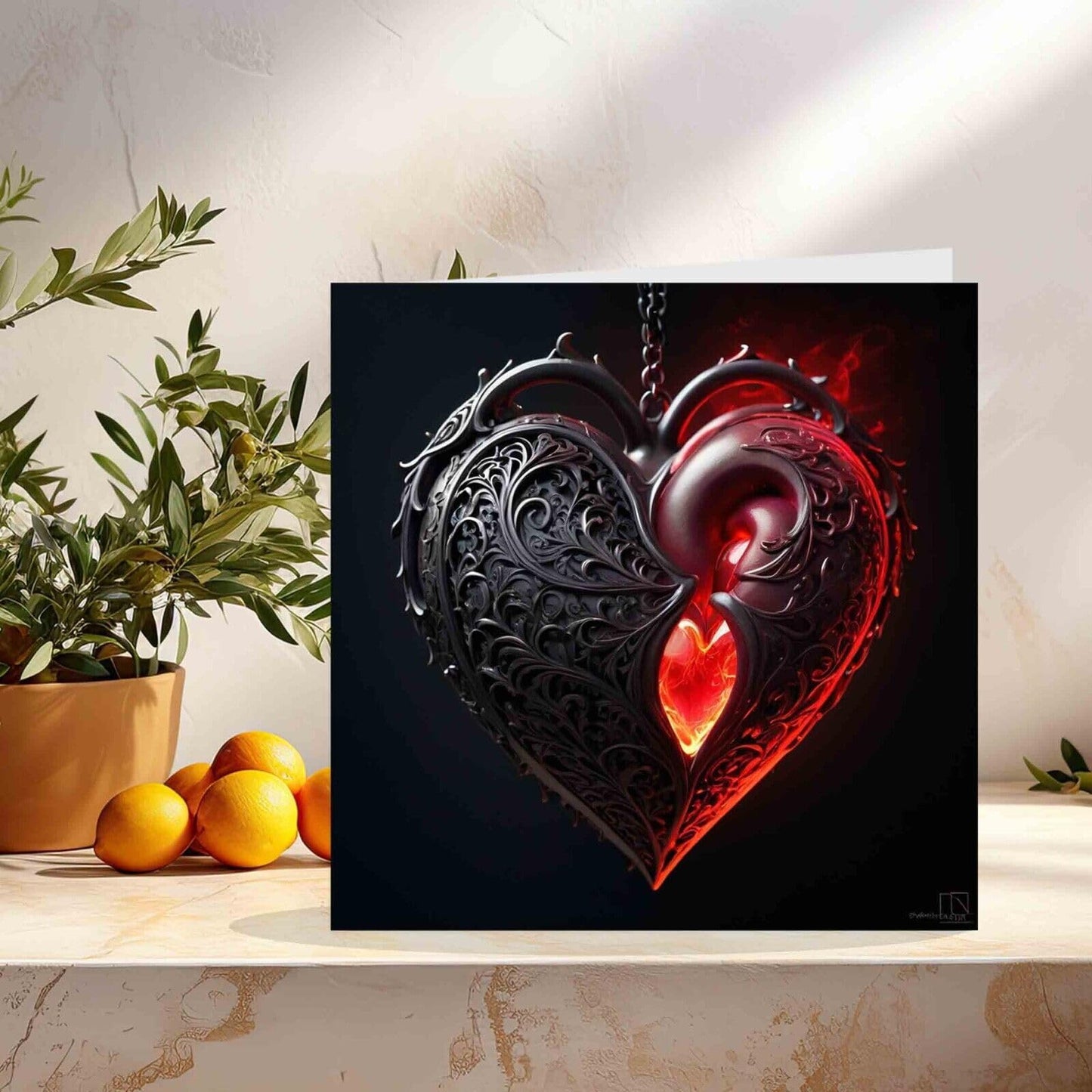Gothic Heart Greeting Card Black Red Flaming 145mm x 145mm