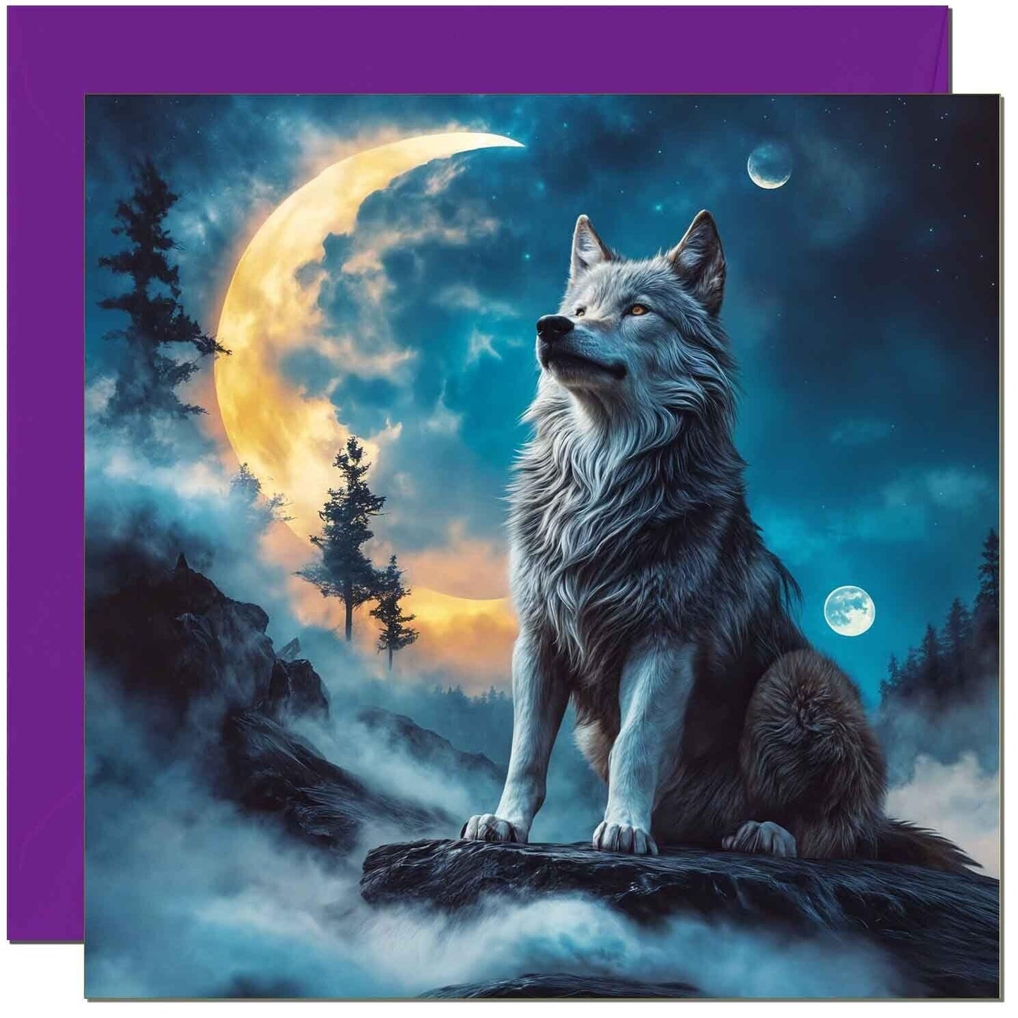 Wolf Moon Greeting Card - Stunning Wolf Moon Birthday Card Art 145 x 145mm