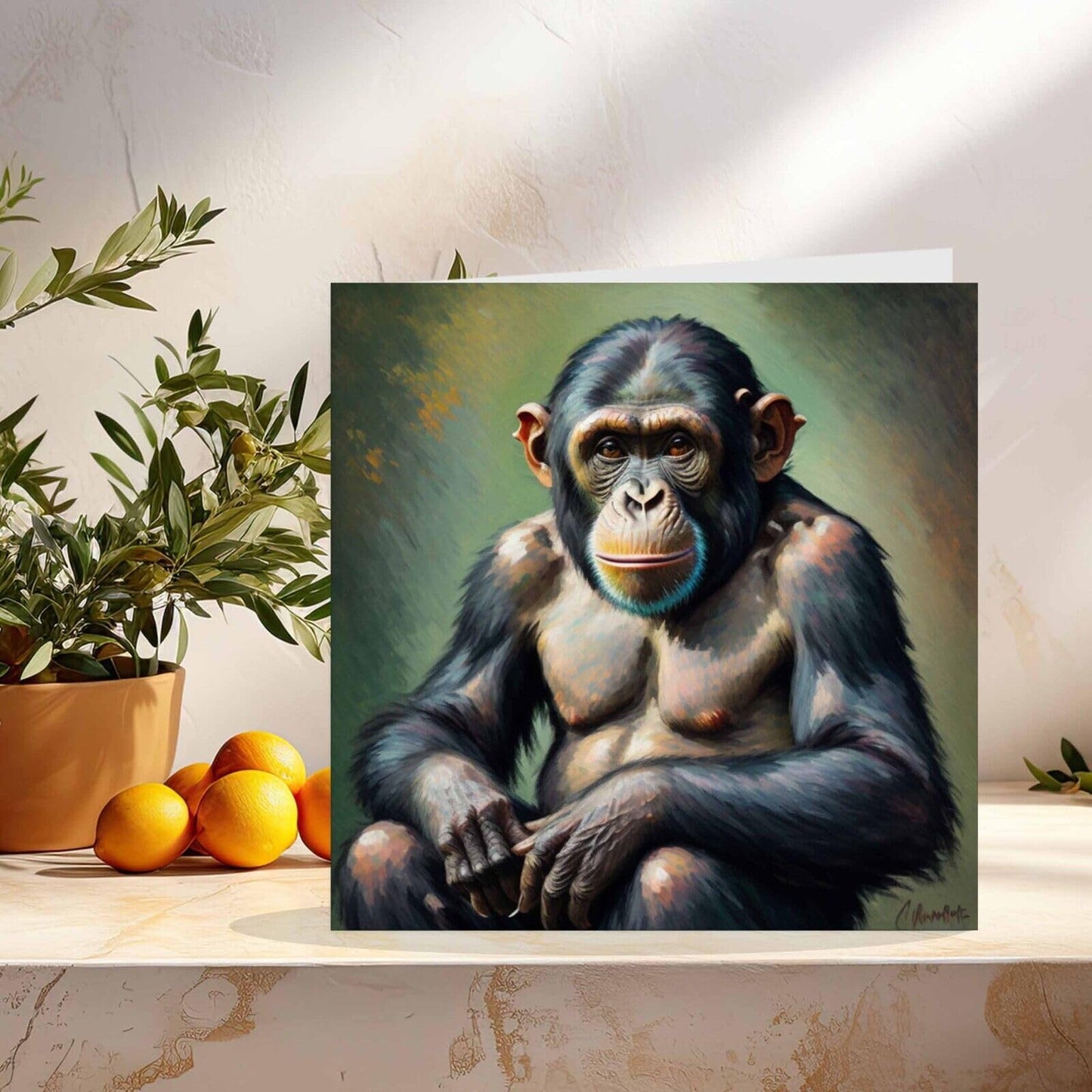 Chimpanzee Greeting Card Animal Impressionism Art 145mm x 145mm