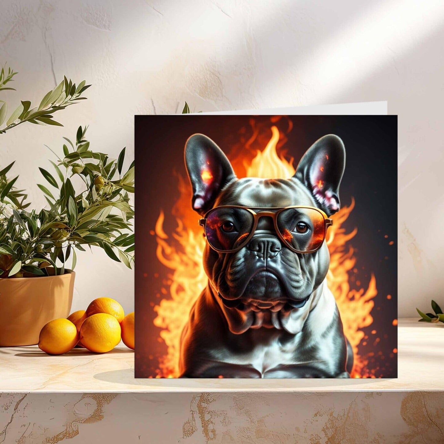 Funny Bulldog Greeting Card - Flaming French Bulldog Card - 145mm x 145mm