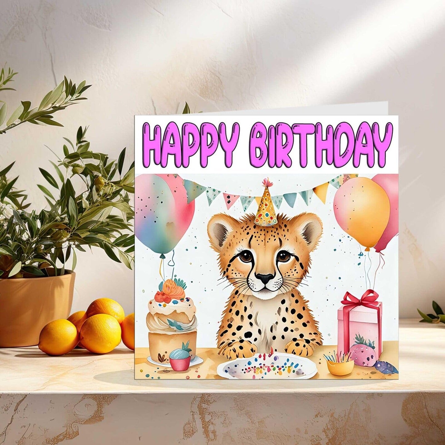 Cheetah Birthday Card - Cute Cheetah Bday Card 145 x 145mm