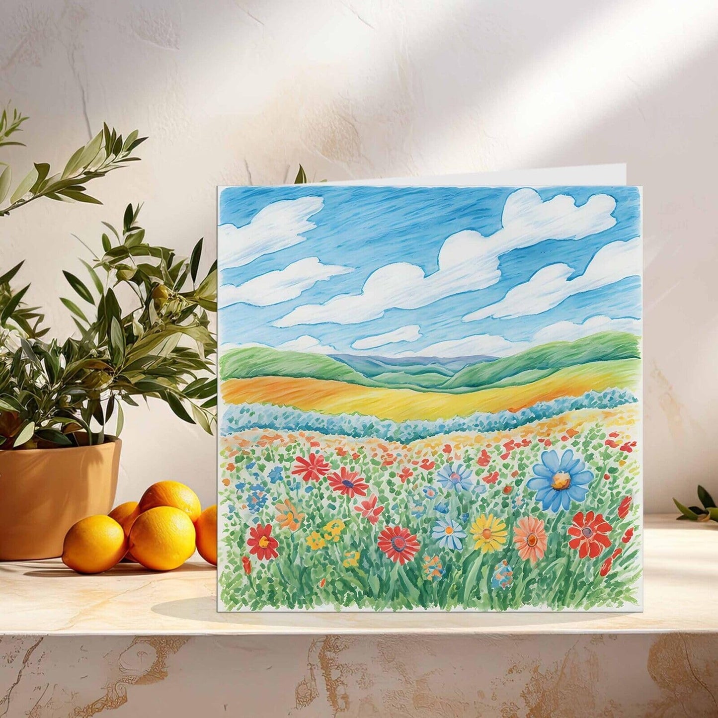 Blank Greeting Birthday Card Art Sky Grass Colourful Flowers Nature Beautiful