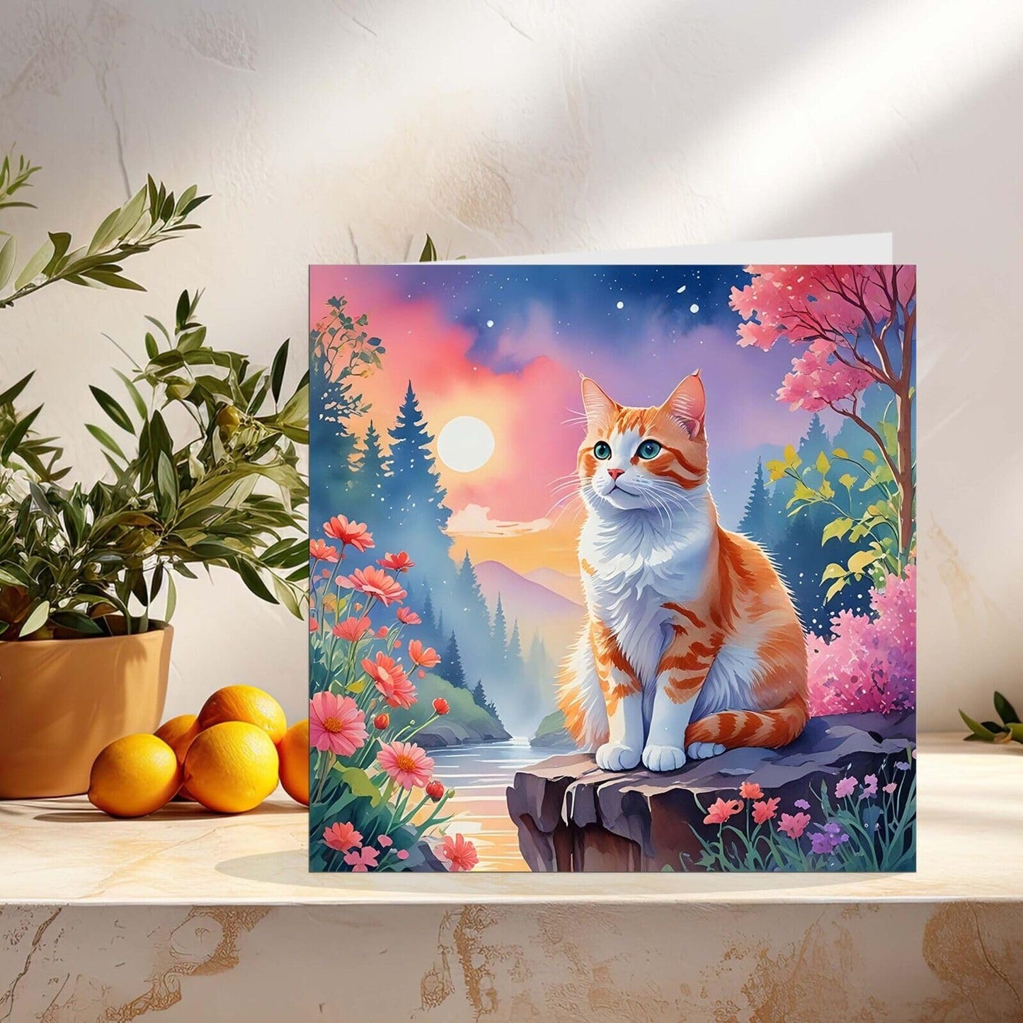 Cat Greeting Card - Any Occasion - Beautiful Cat Illustration Art Moon Flowers